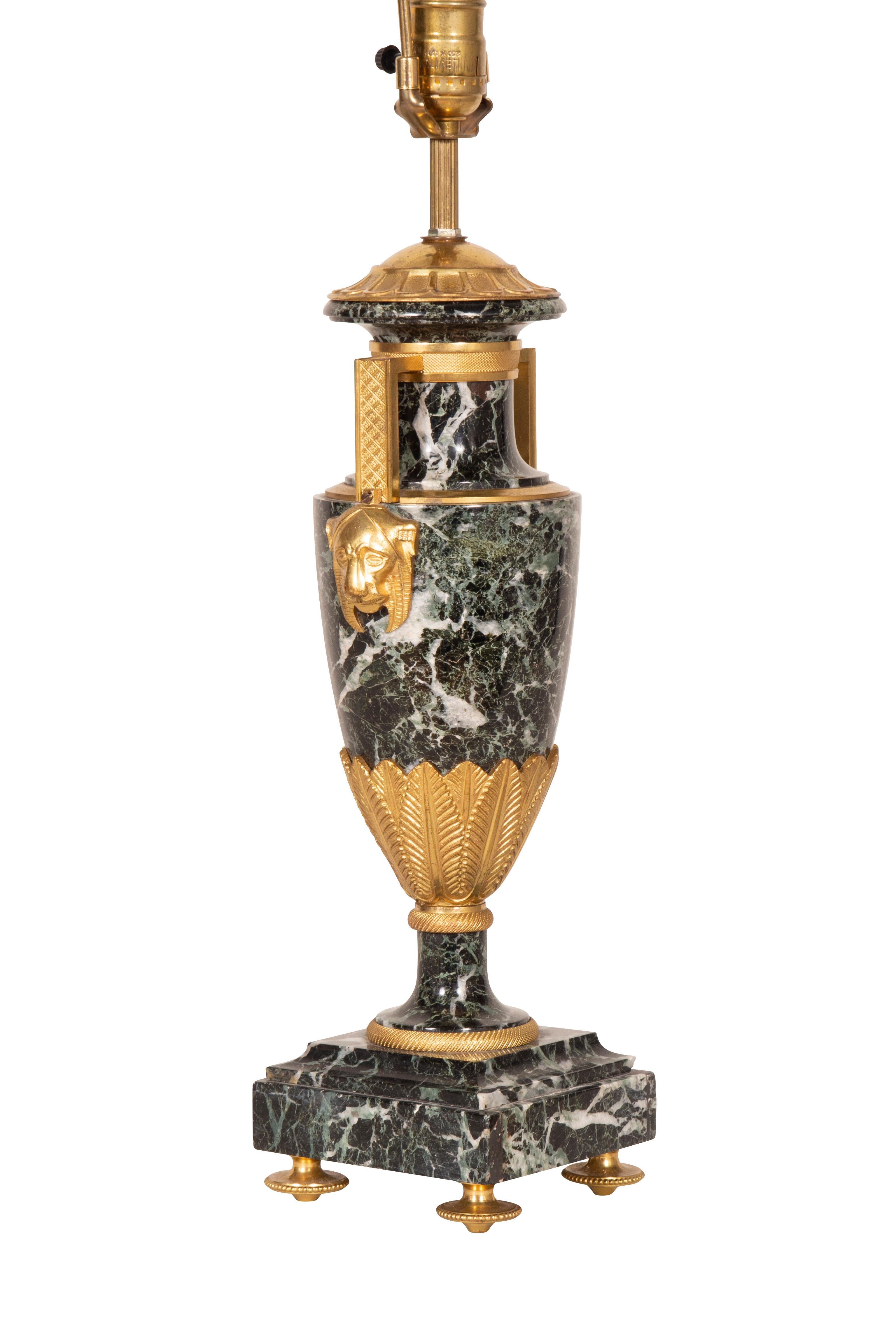 Pair of Directoire Style Antico Verde Marble and Gilt Bronze Table Lamps For Sale 7