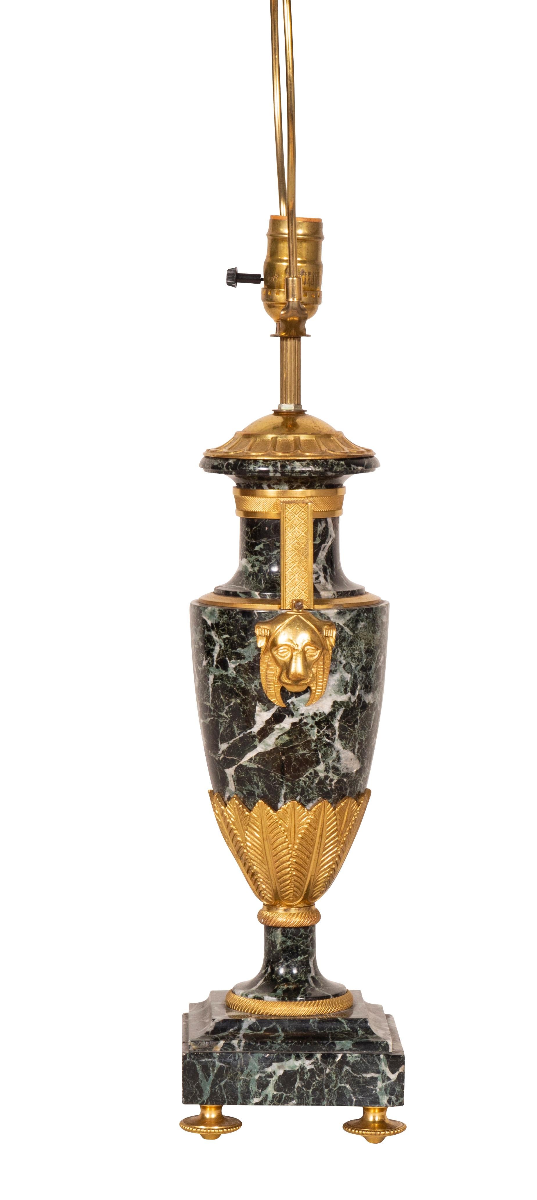 Pair of Directoire Style Antico Verde Marble and Gilt Bronze Table Lamps For Sale 8