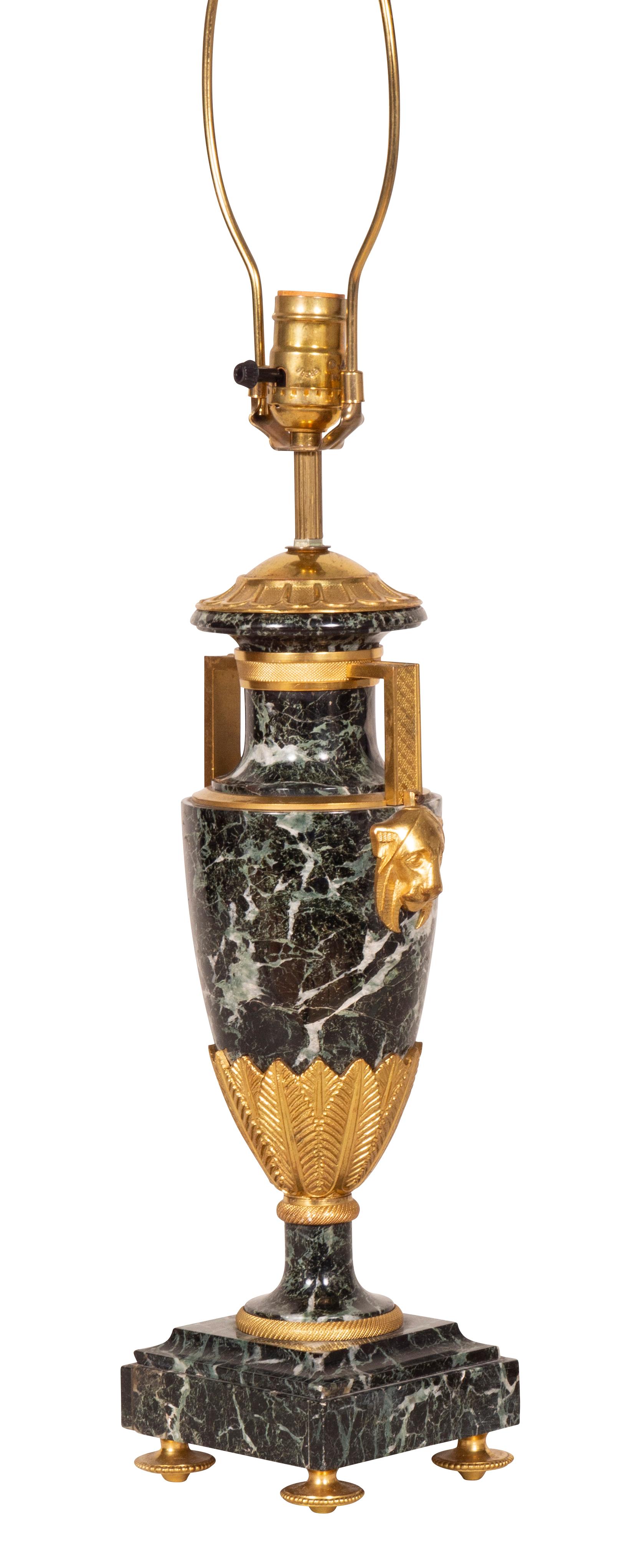 Pair of Directoire Style Antico Verde Marble and Gilt Bronze Table Lamps For Sale 9