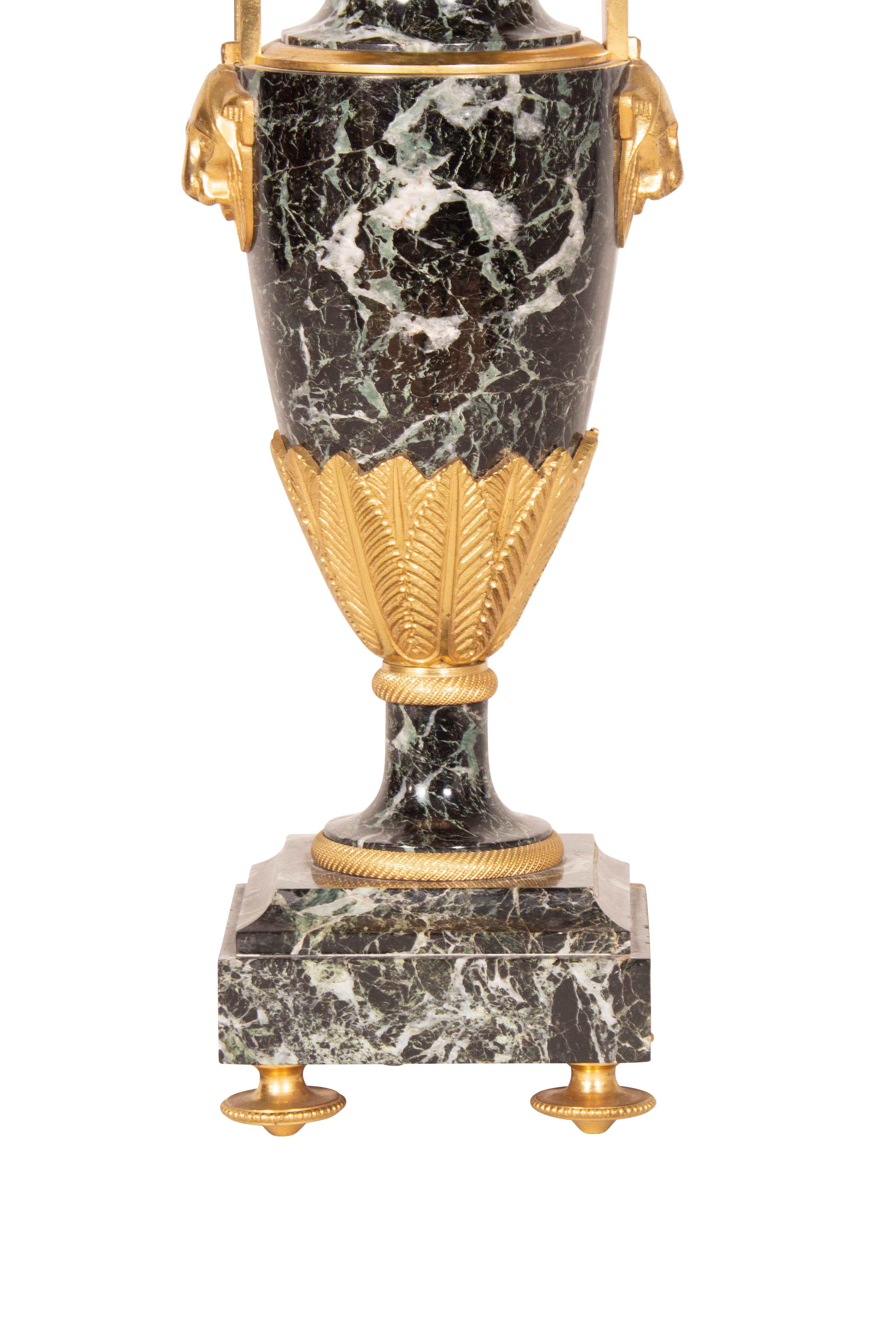 Pair of Directoire Style Antico Verde Marble and Gilt Bronze Table Lamps For Sale 13