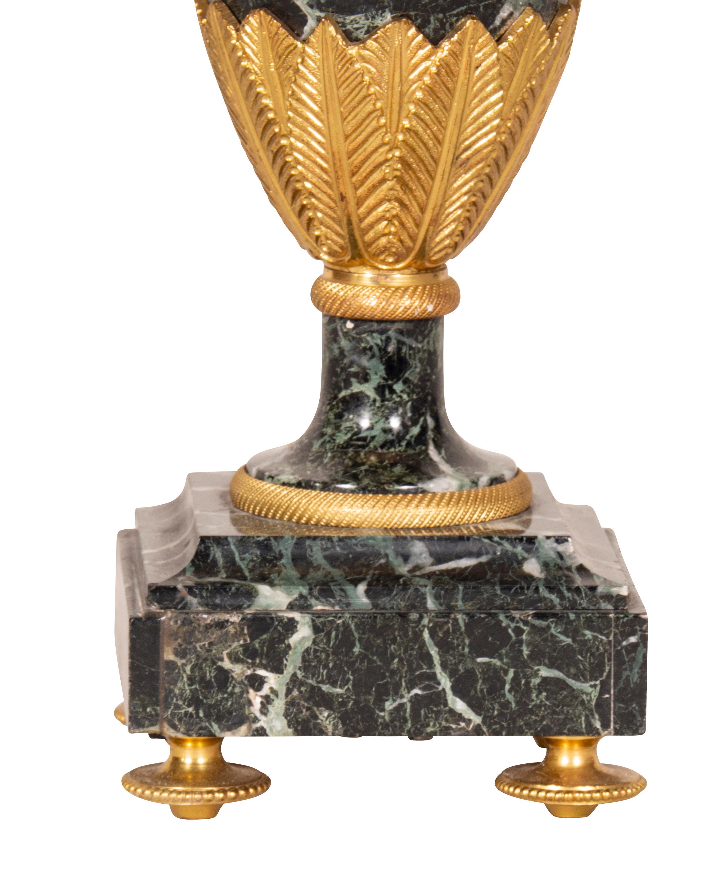 French Pair of Directoire Style Antico Verde Marble and Gilt Bronze Table Lamps For Sale