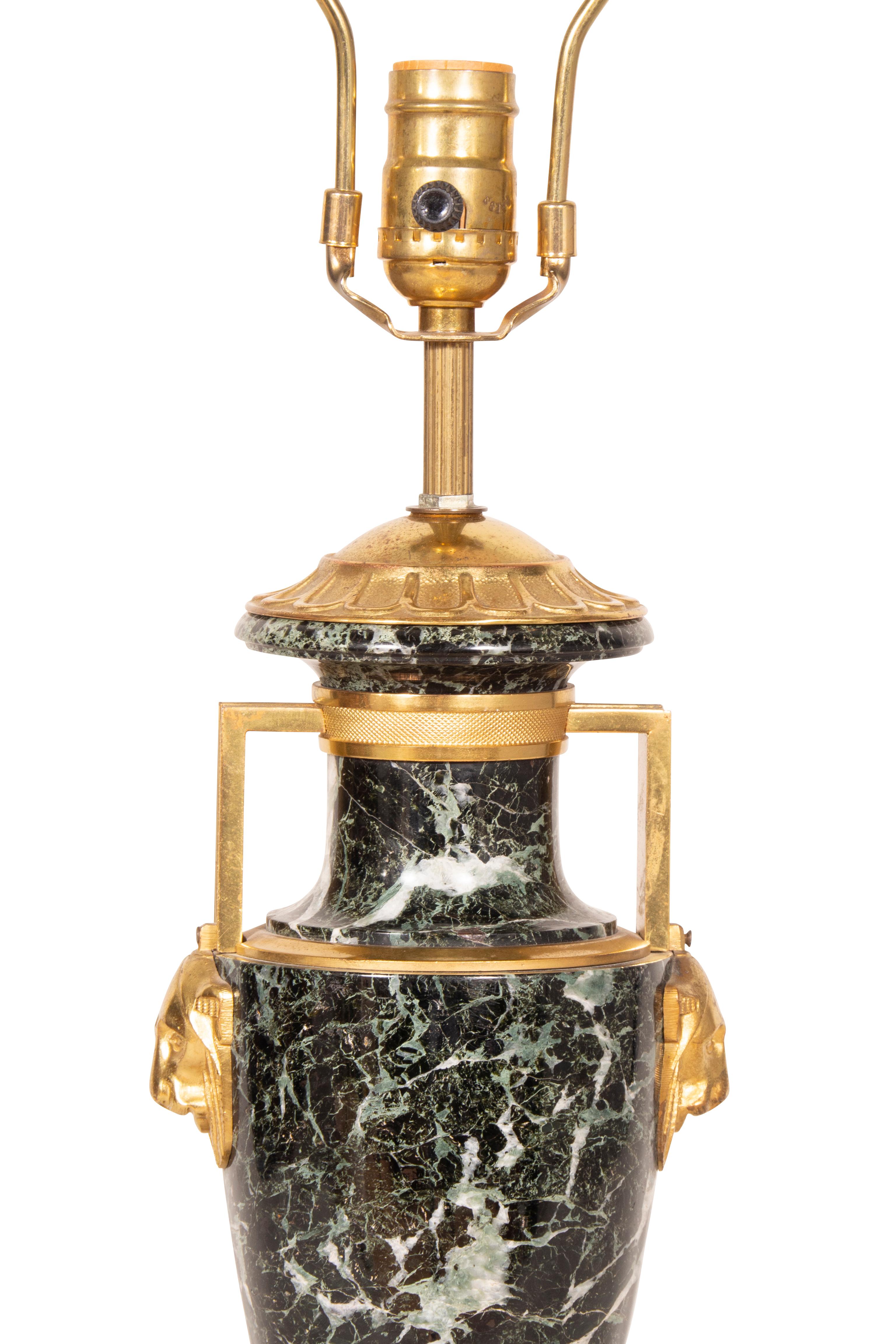 Early 19th Century Pair of Directoire Style Antico Verde Marble and Gilt Bronze Table Lamps For Sale