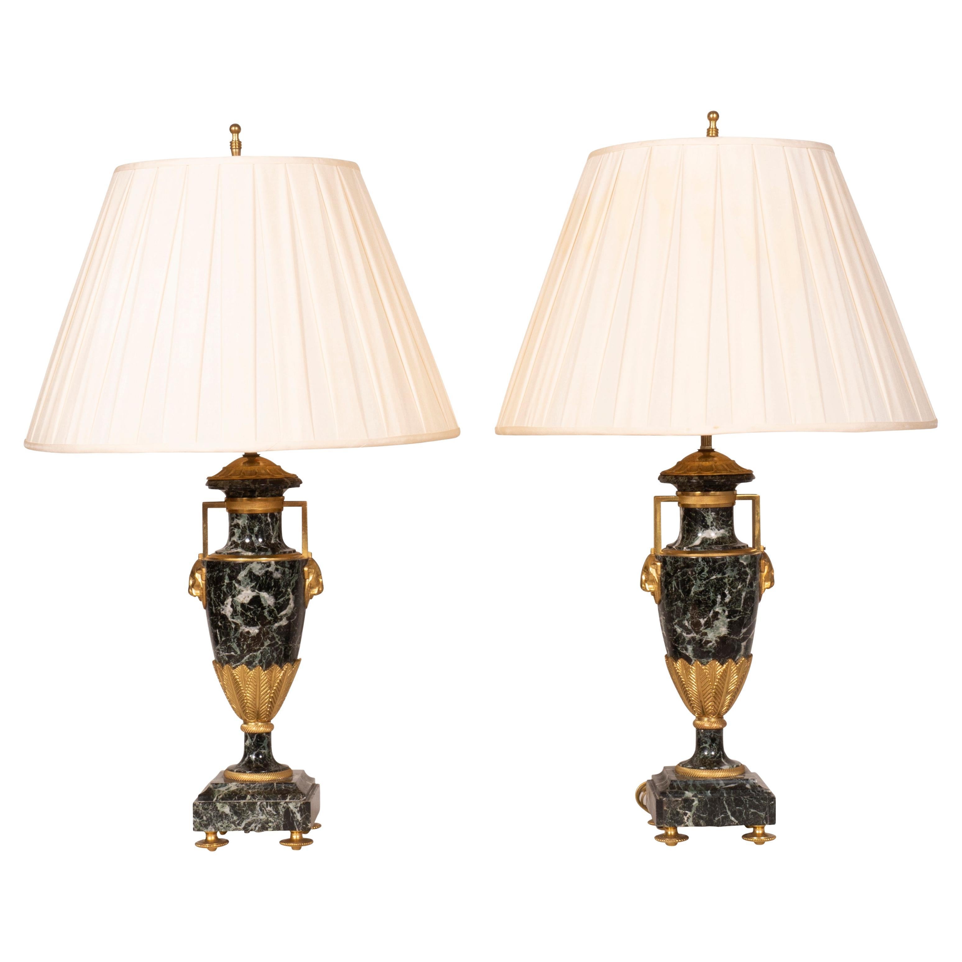Pair of Directoire Style Antico Verde Marble and Gilt Bronze Table Lamps For Sale