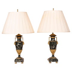 Antique Pair of Directoire Style Antico Verde Marble and Gilt Bronze Table Lamps