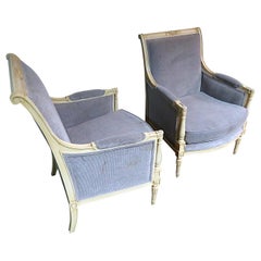 Pair Maison Jansen Style Louis XVI Painted Bergère Lounge Chairs