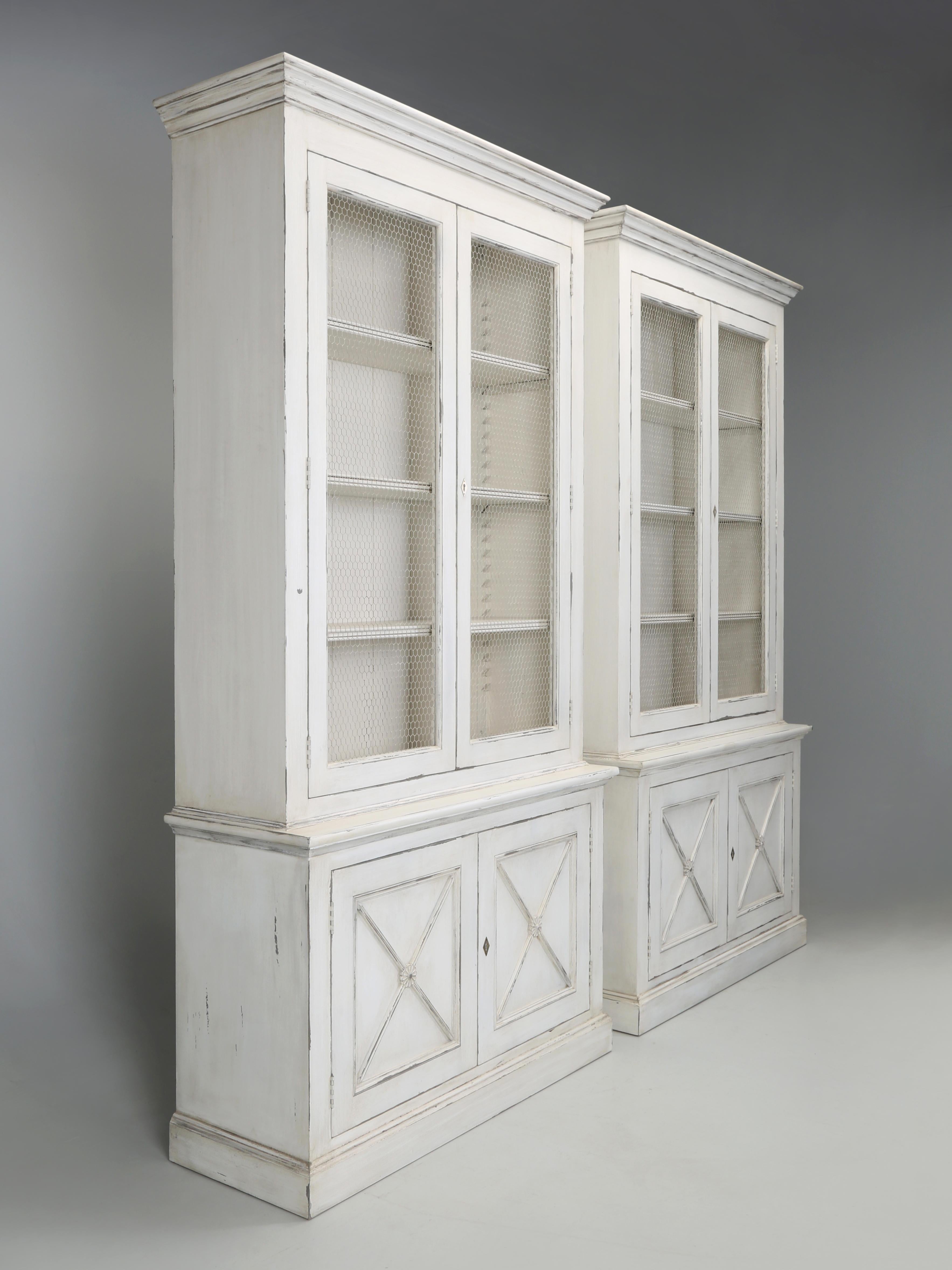 Pair of French Directoire Inspired Bookcases, China Cabinets or Display Cabinets made in house by Old Plank. Roughly 30-years ago we purchased in France a similar Directoire style Bookcase and sent it to England to be reproduced and for many years
