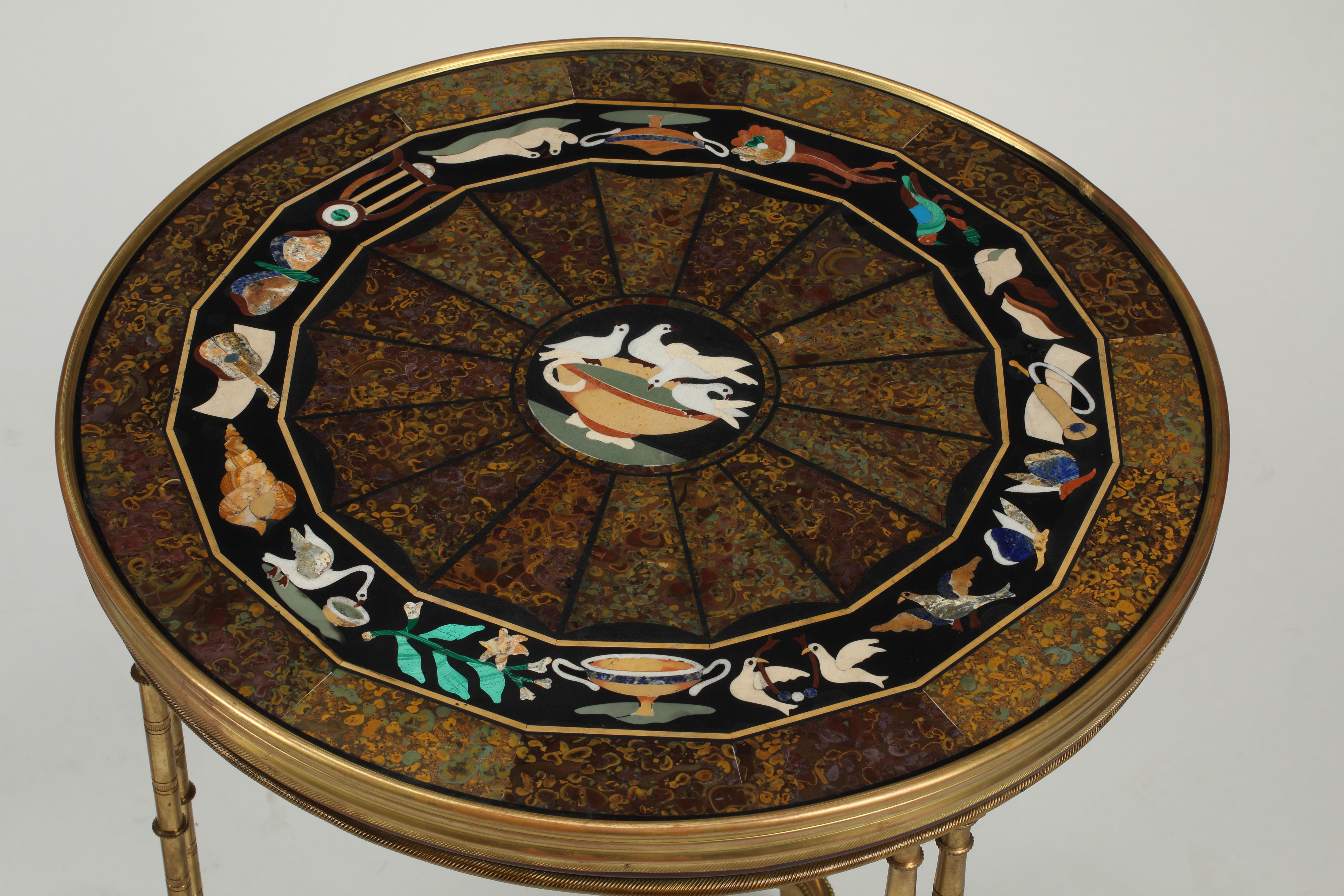 Pair of Directoire Style Bronze Tables with Pietra Dura Marble Top, French For Sale 2