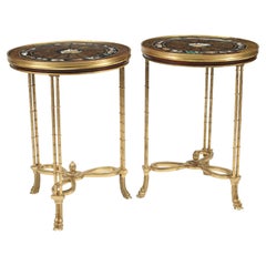 Pair of Directoire Style Bronze Tables with Pietra Dura Marble Top, French