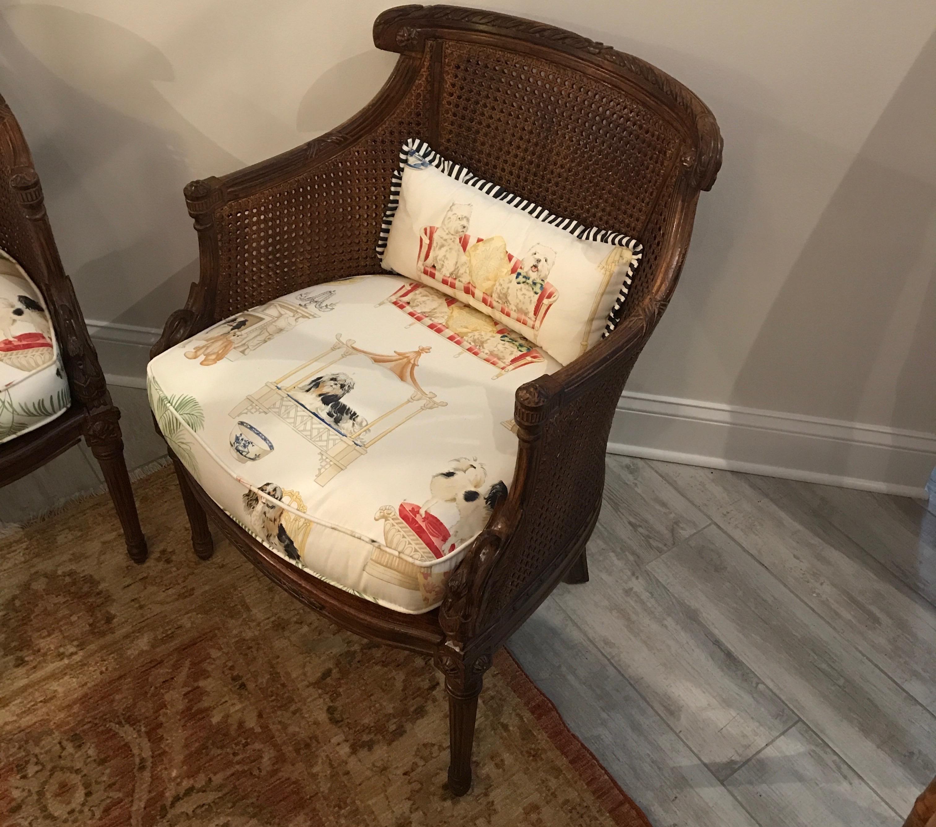 Lovely pair of Directoire style caned armchairs with swan heads. Cushion done in a whimsical fabric with different breeds of dogs in canopy beds, etc.