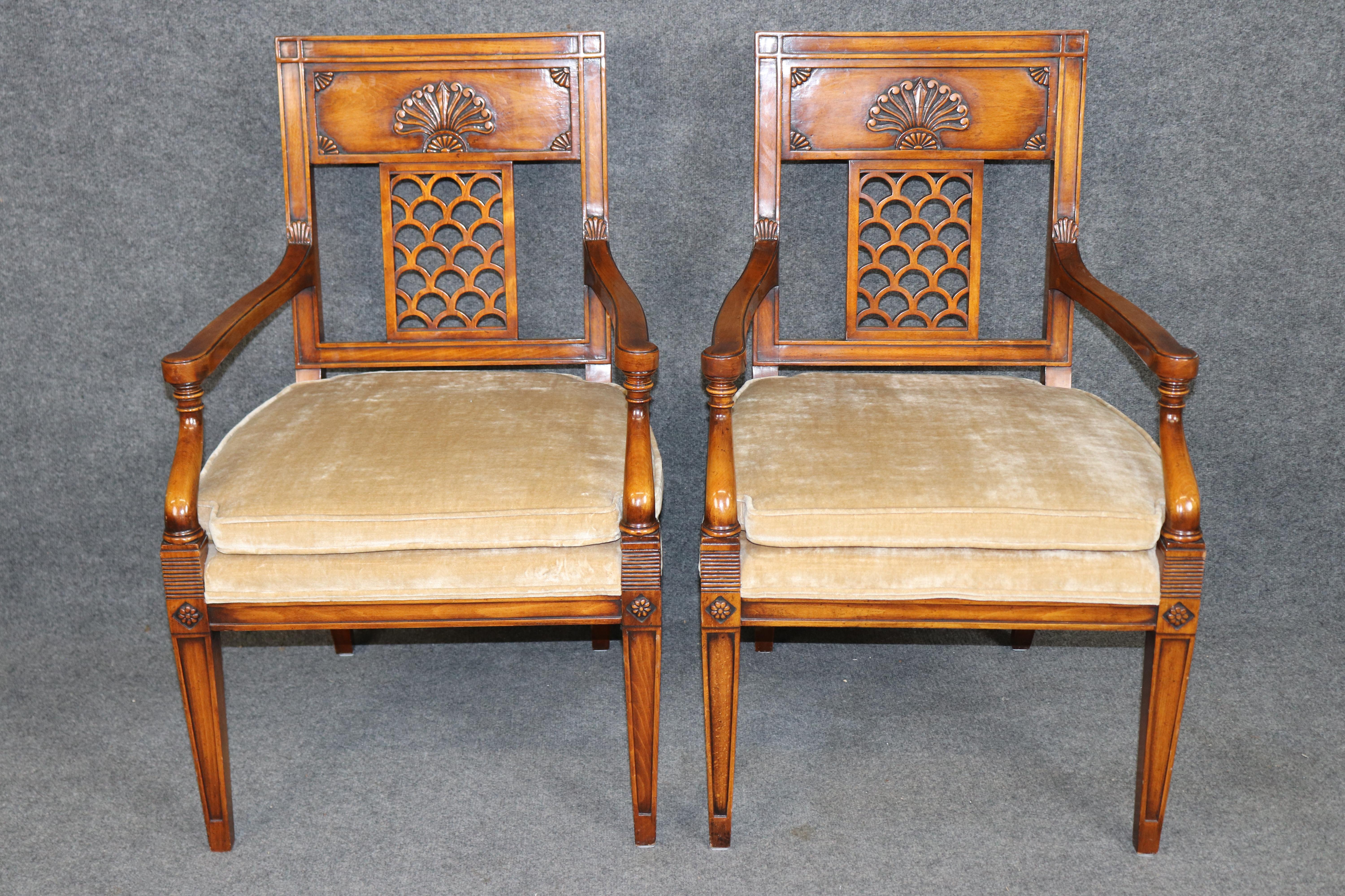Unknown Pair of Directoire Style Carved Armchairs Attributed to Theodore Alexander For Sale