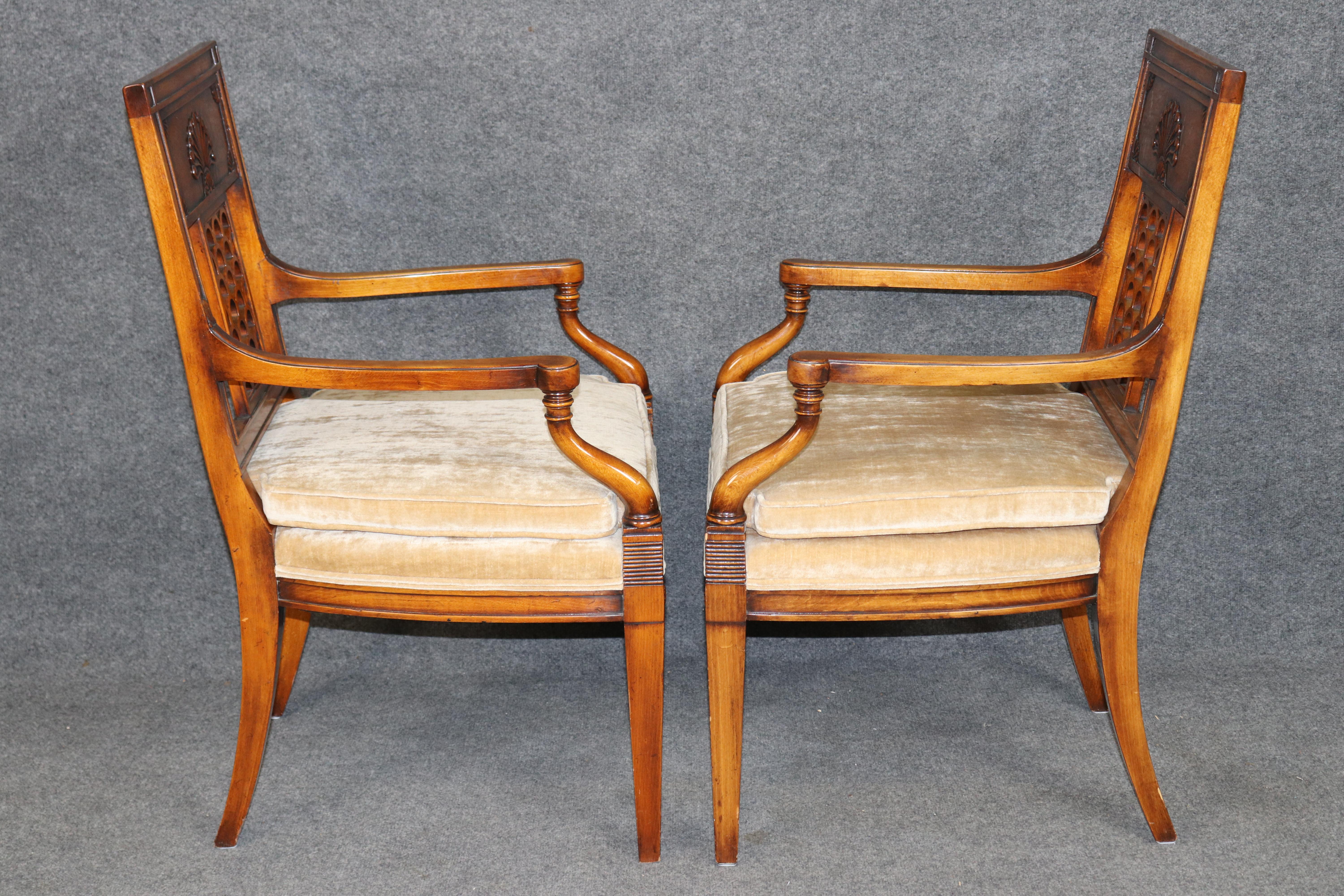 Upholstery Pair of Directoire Style Carved Armchairs Attributed to Theodore Alexander For Sale