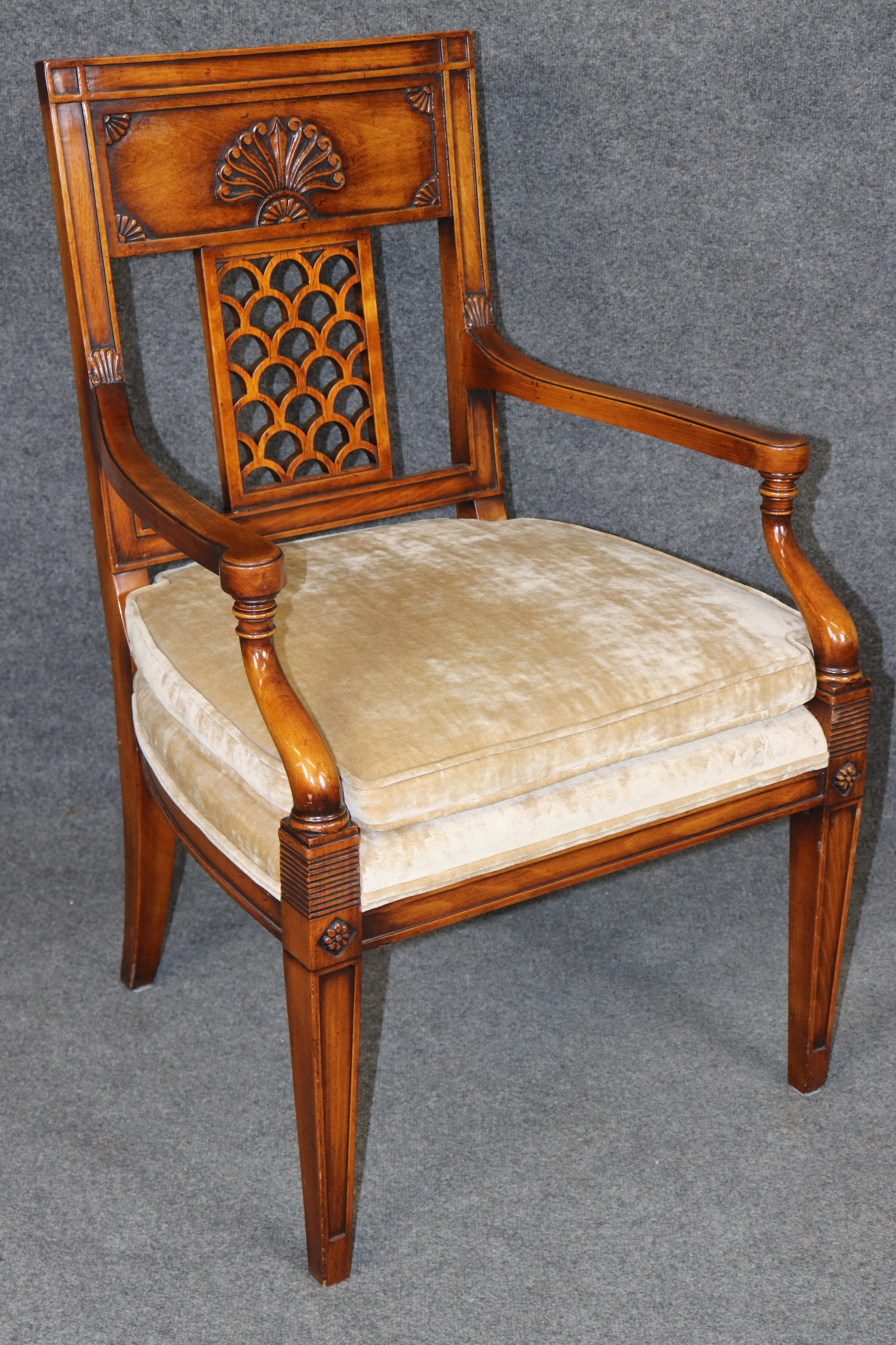 Pair of Directoire Style Carved Armchairs Attributed to Theodore Alexander For Sale 1