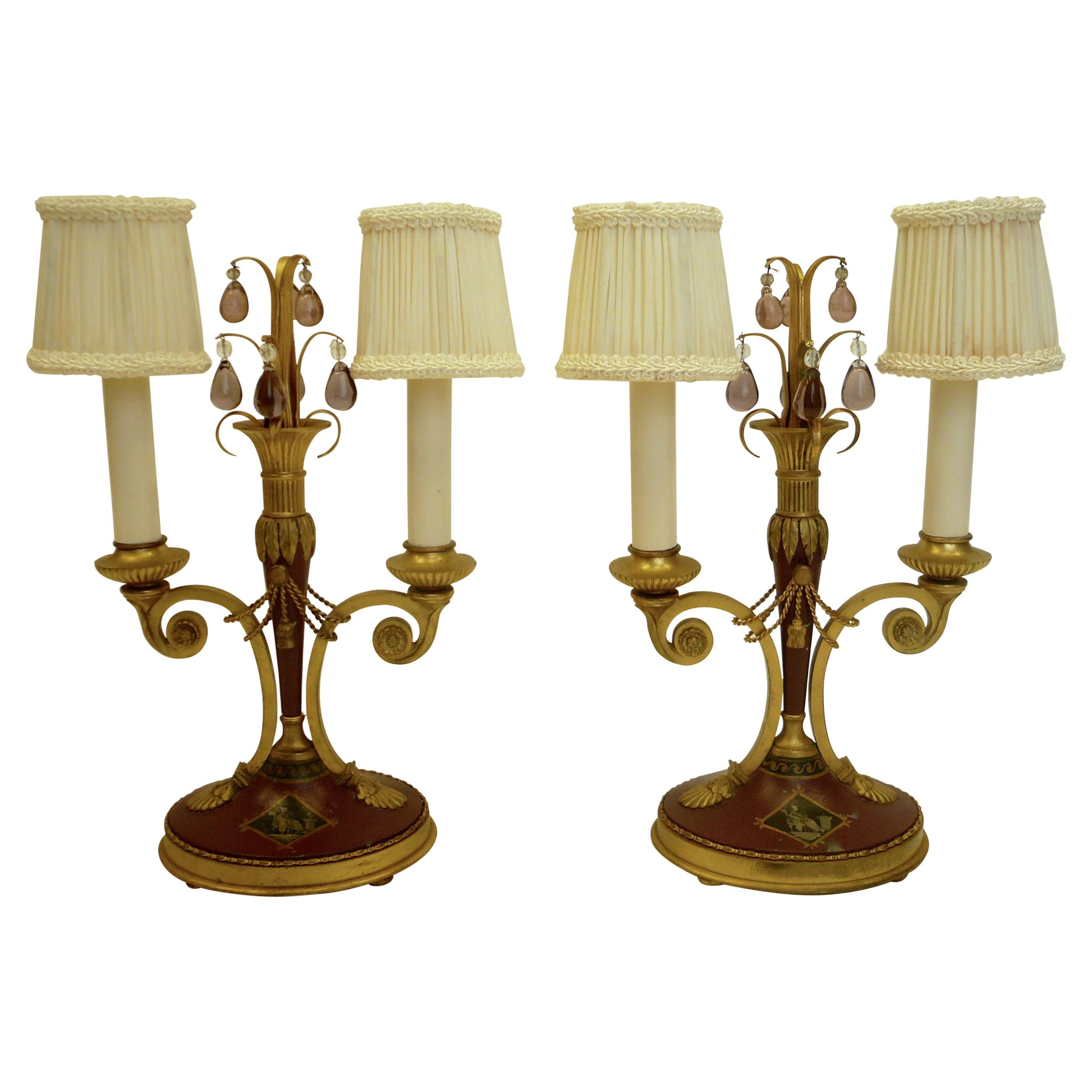 Pair of Directoire Style Gilt Bronze and Tole Painted Candelabra Lamps