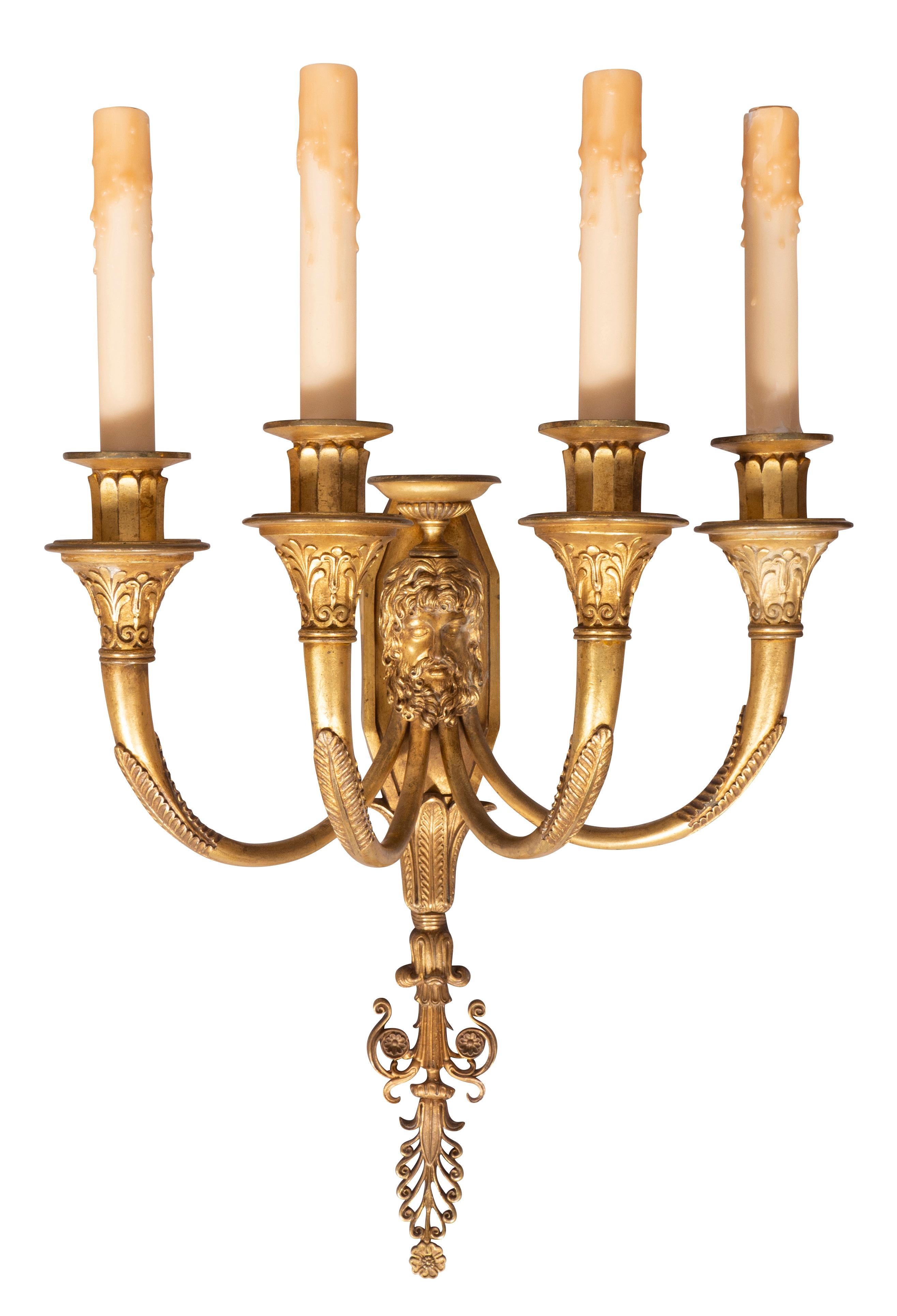 French Pair of Directoire Style Gilt Bronze Wall Lights For Sale