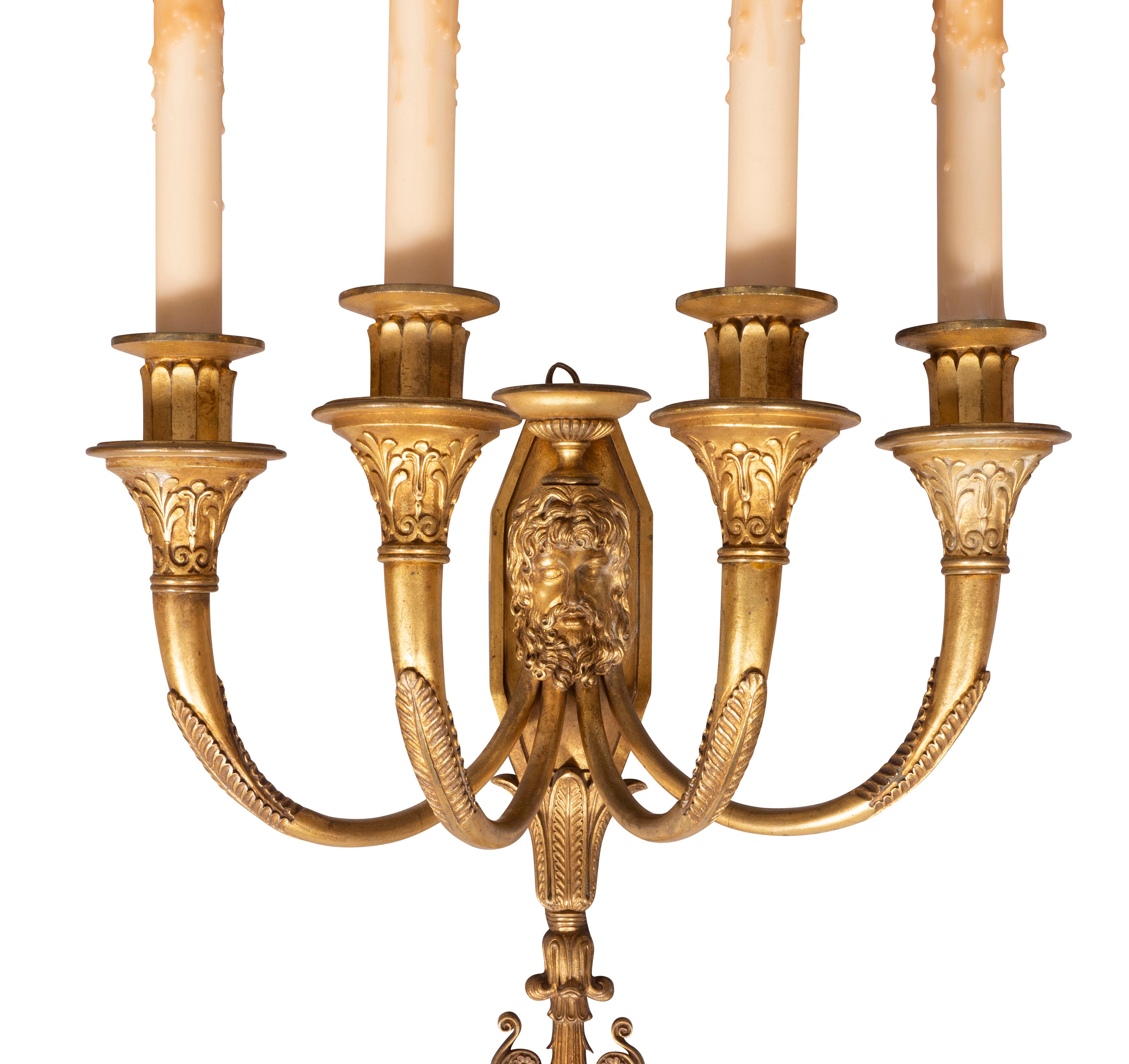 Pair of Directoire Style Gilt Bronze Wall Lights In Good Condition For Sale In Essex, MA