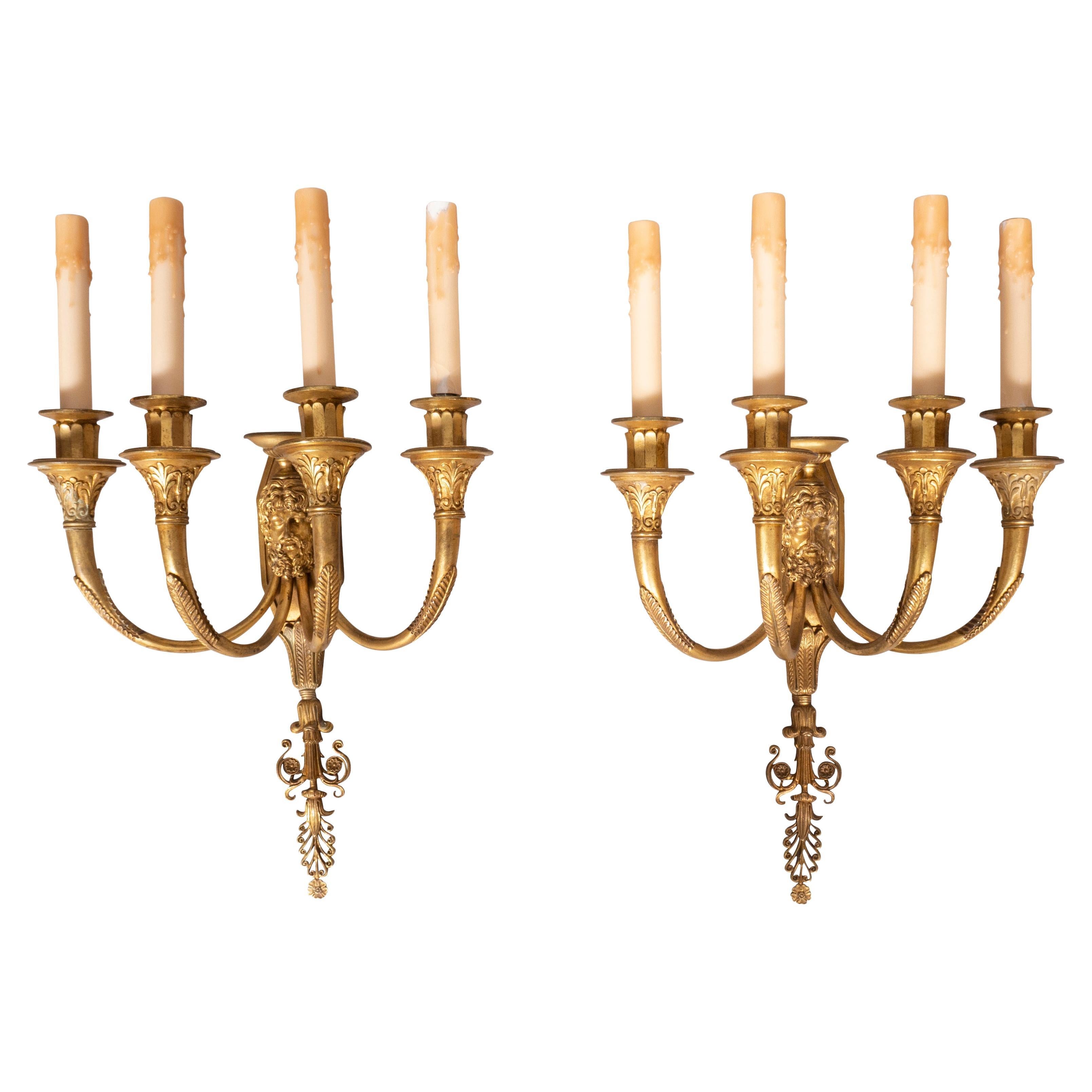 Pair of Directoire Style Gilt Bronze Wall Lights For Sale