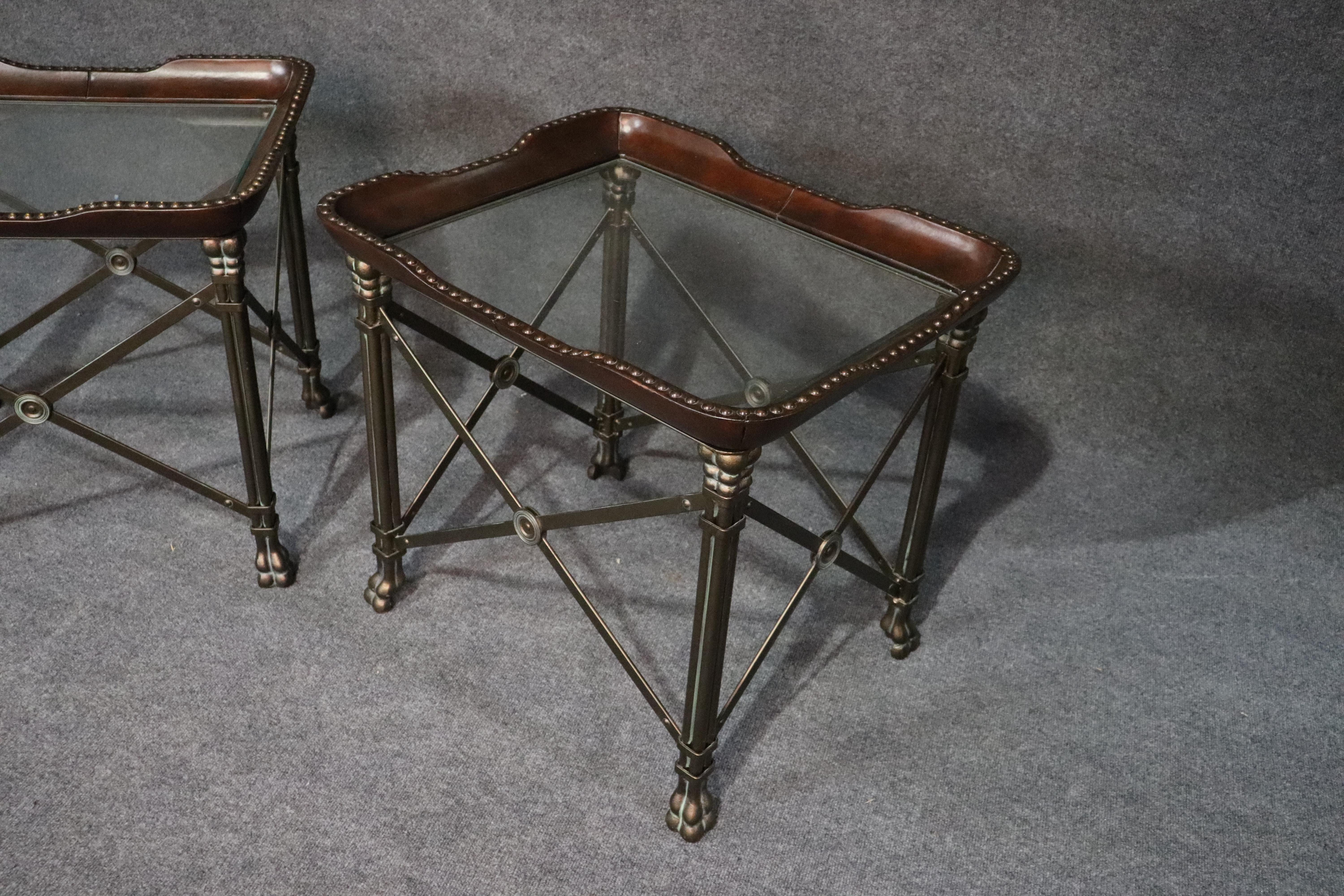 20th Century Pair Large Steel Leather and Glass Maitland Smith Style Directoire End Tables 