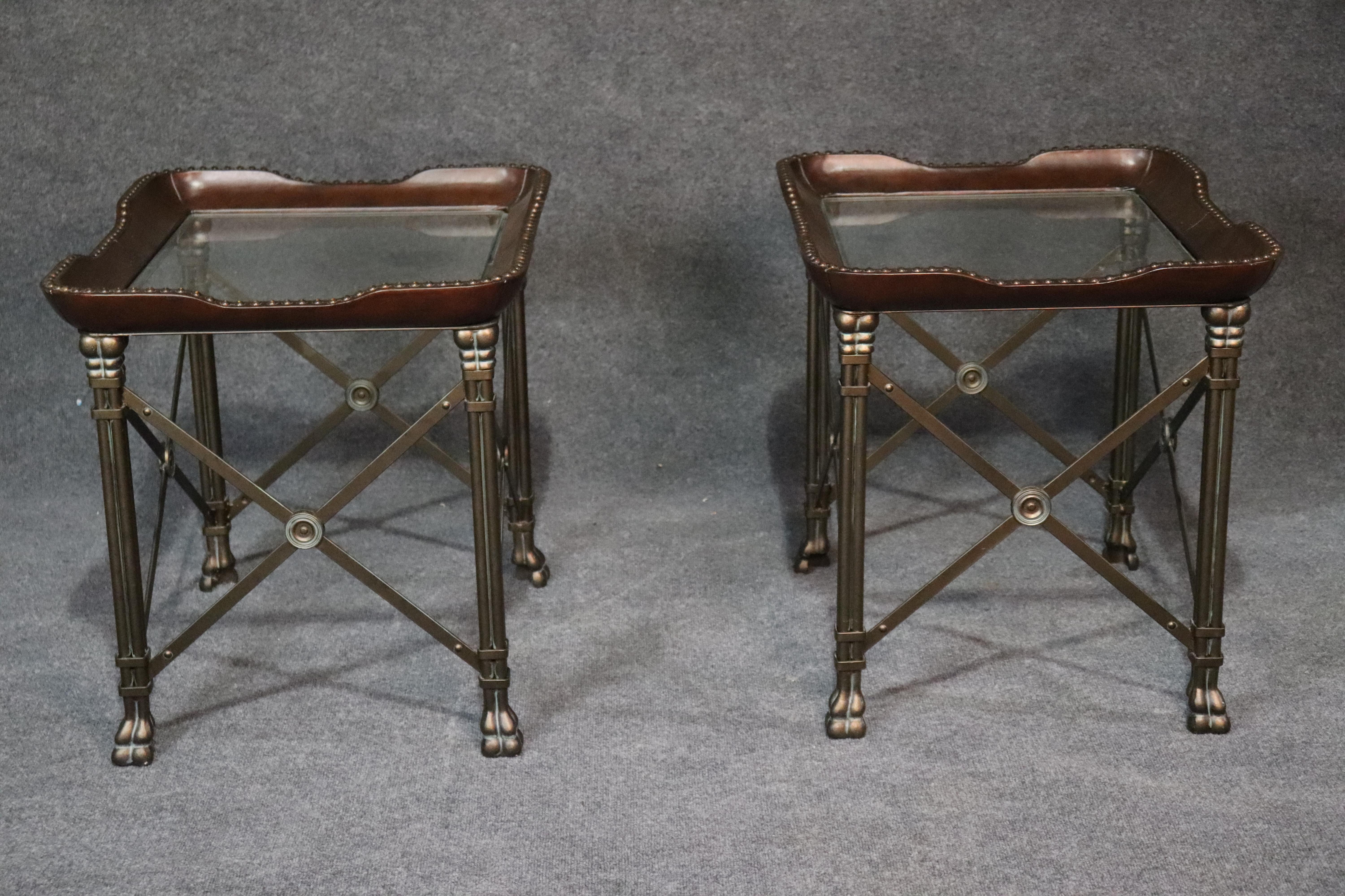 Pair Large Steel Leather and Glass Maitland Smith Style Directoire End Tables  3