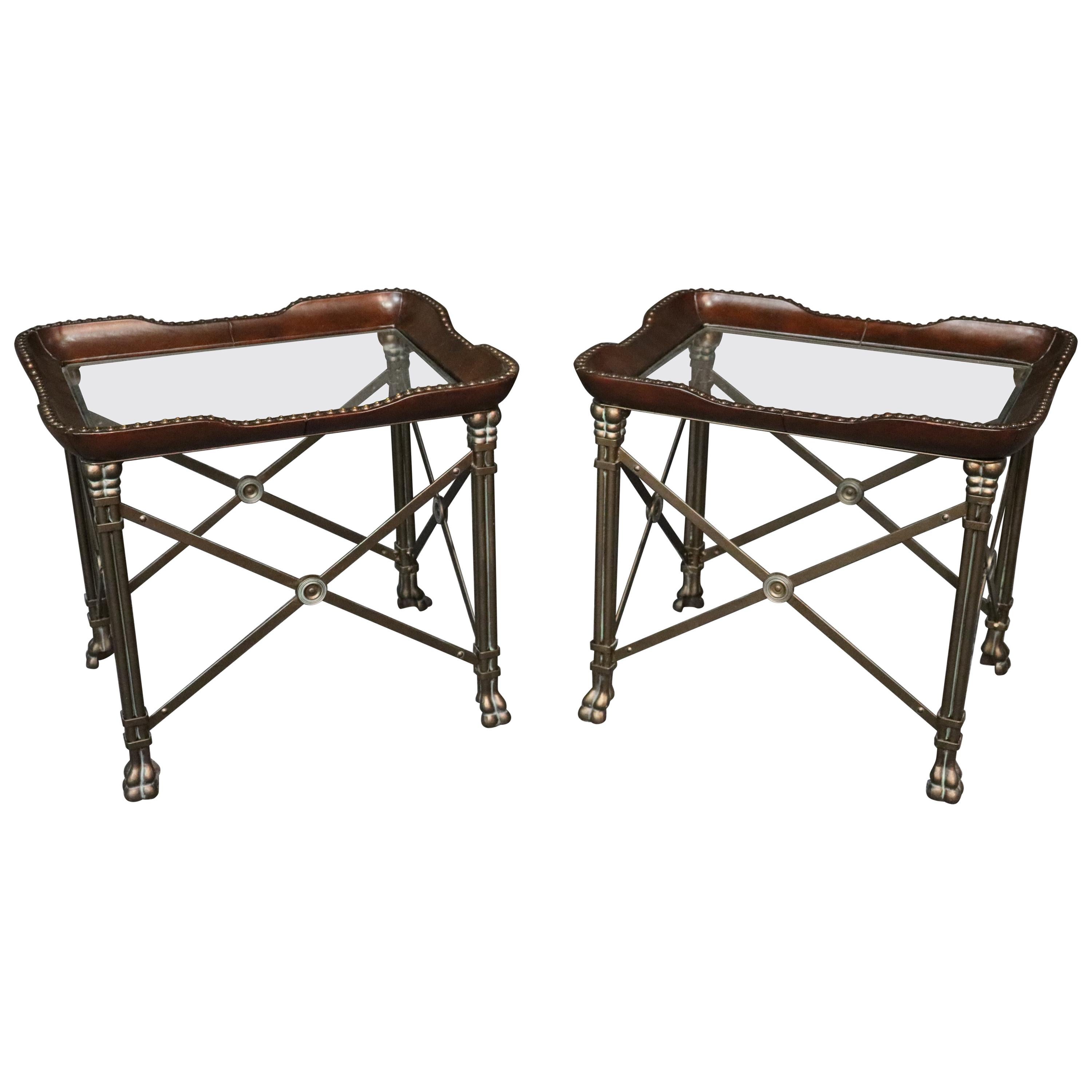 Pair Large Steel Leather and Glass Maitland Smith Style Directoire End Tables 