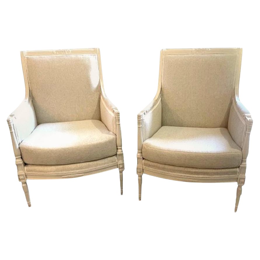Pair of Directoire Style Louis XVI Bergere Armchairs in Natural Linen