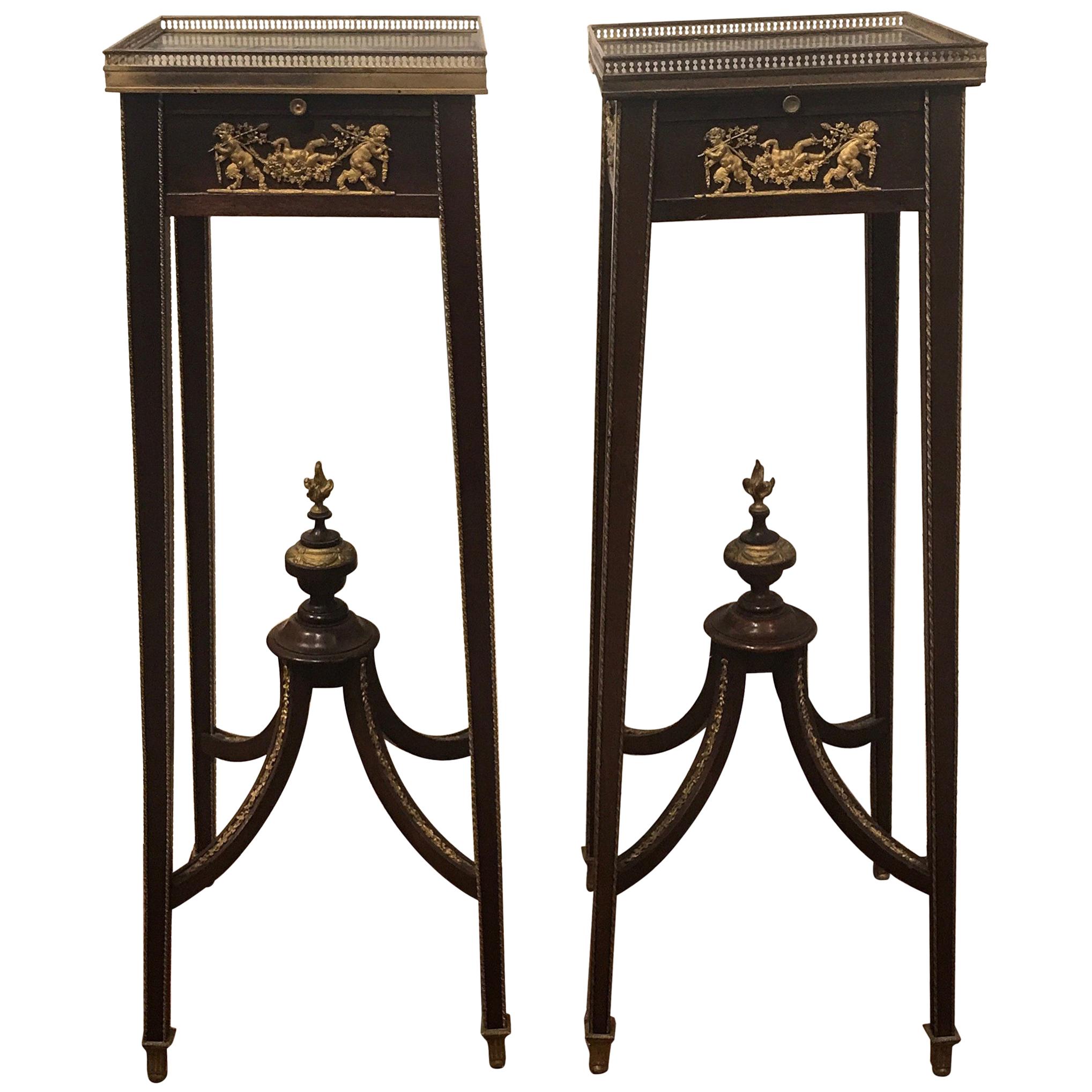 Pair of Directoire Style Mahogany and Bronze-Mounted Pedestal Tables