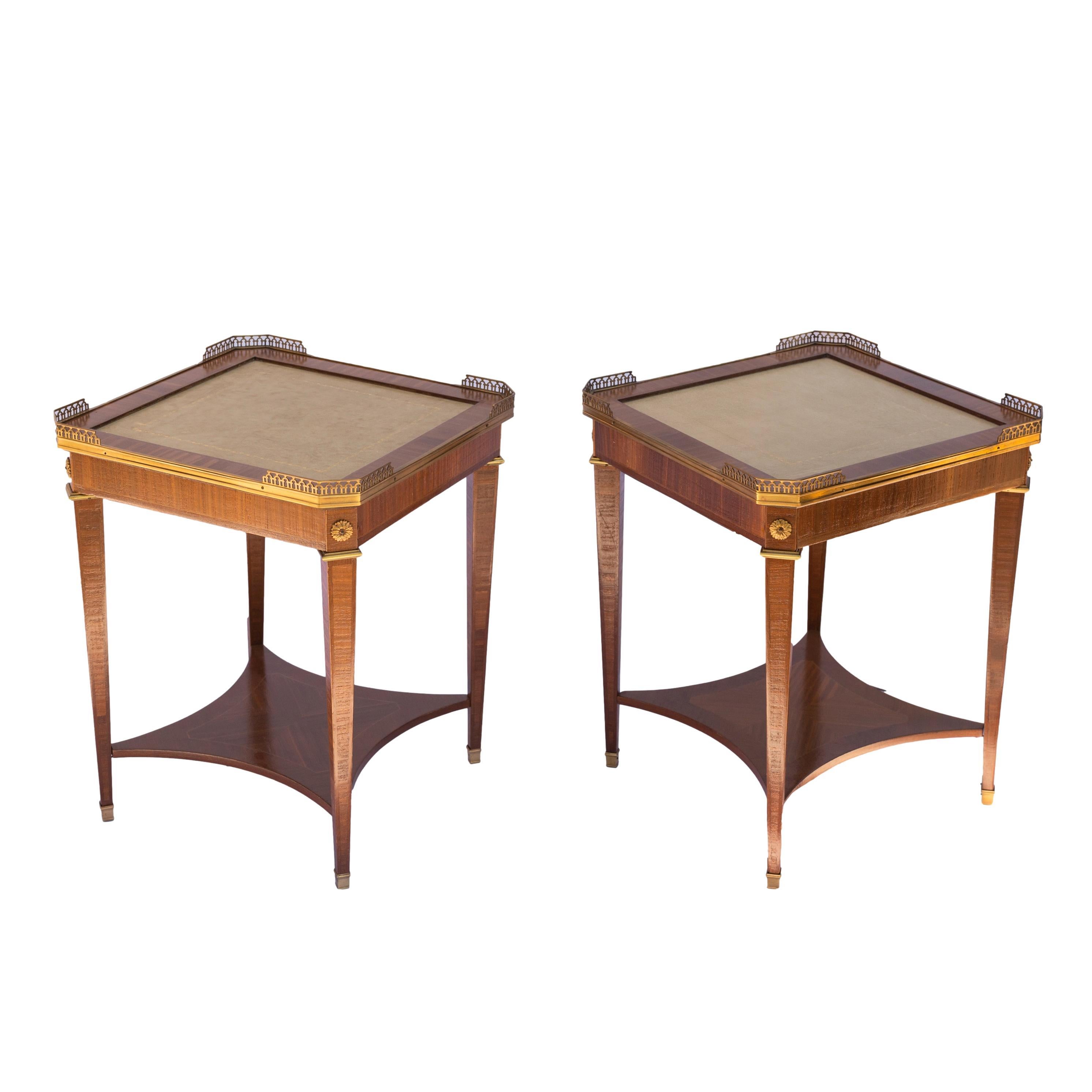 Hand-Crafted Pair of Directoire-Style Mahogany Side Tables, Leather Top, French, ca. 1920  For Sale