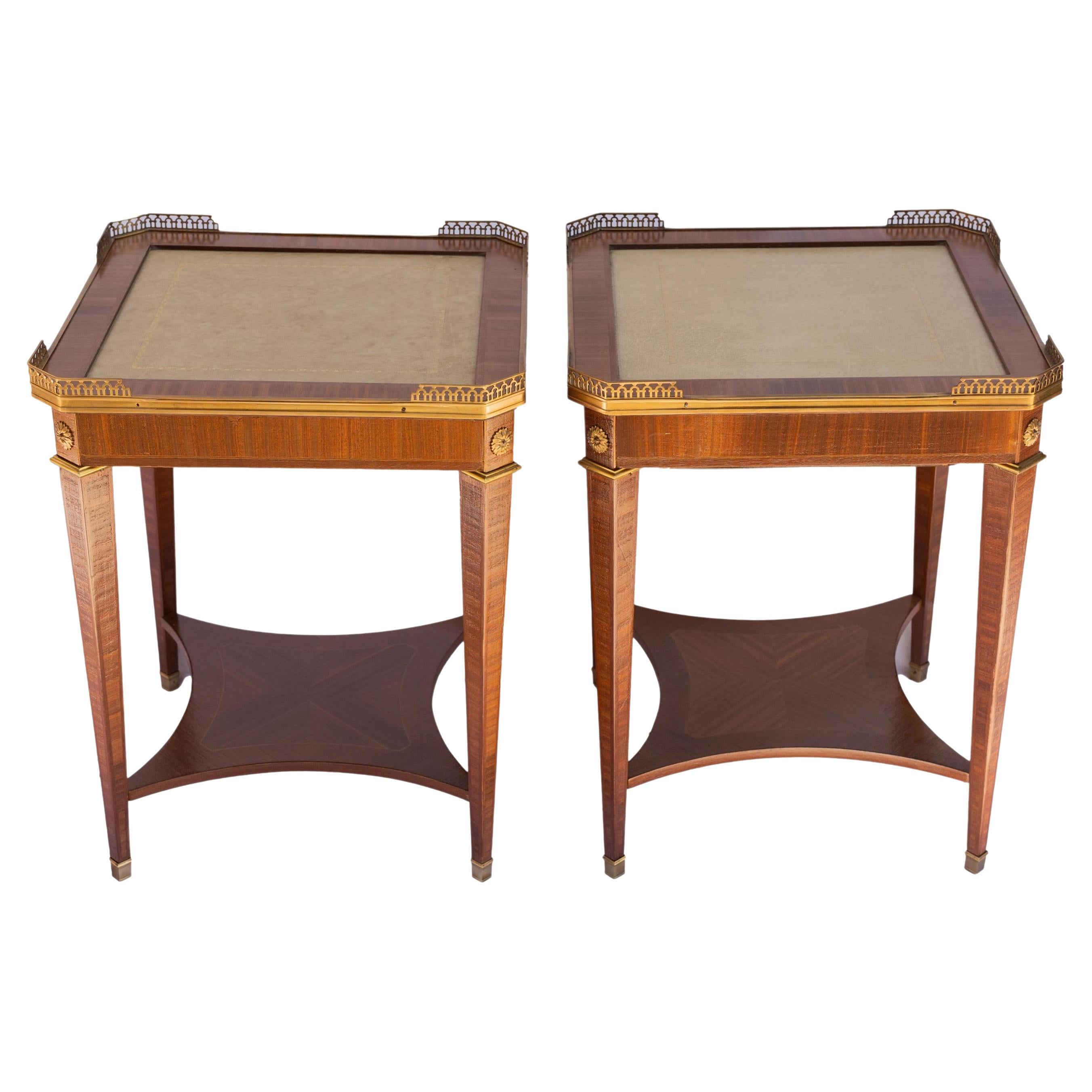 Pair of Directoire-Style Mahogany Side Tables, Leather Top, French, ca. 1920  For Sale