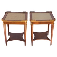 Antique Pair of Directoire-Style Mahogany Side Tables, Leather Top, French, ca. 1920 