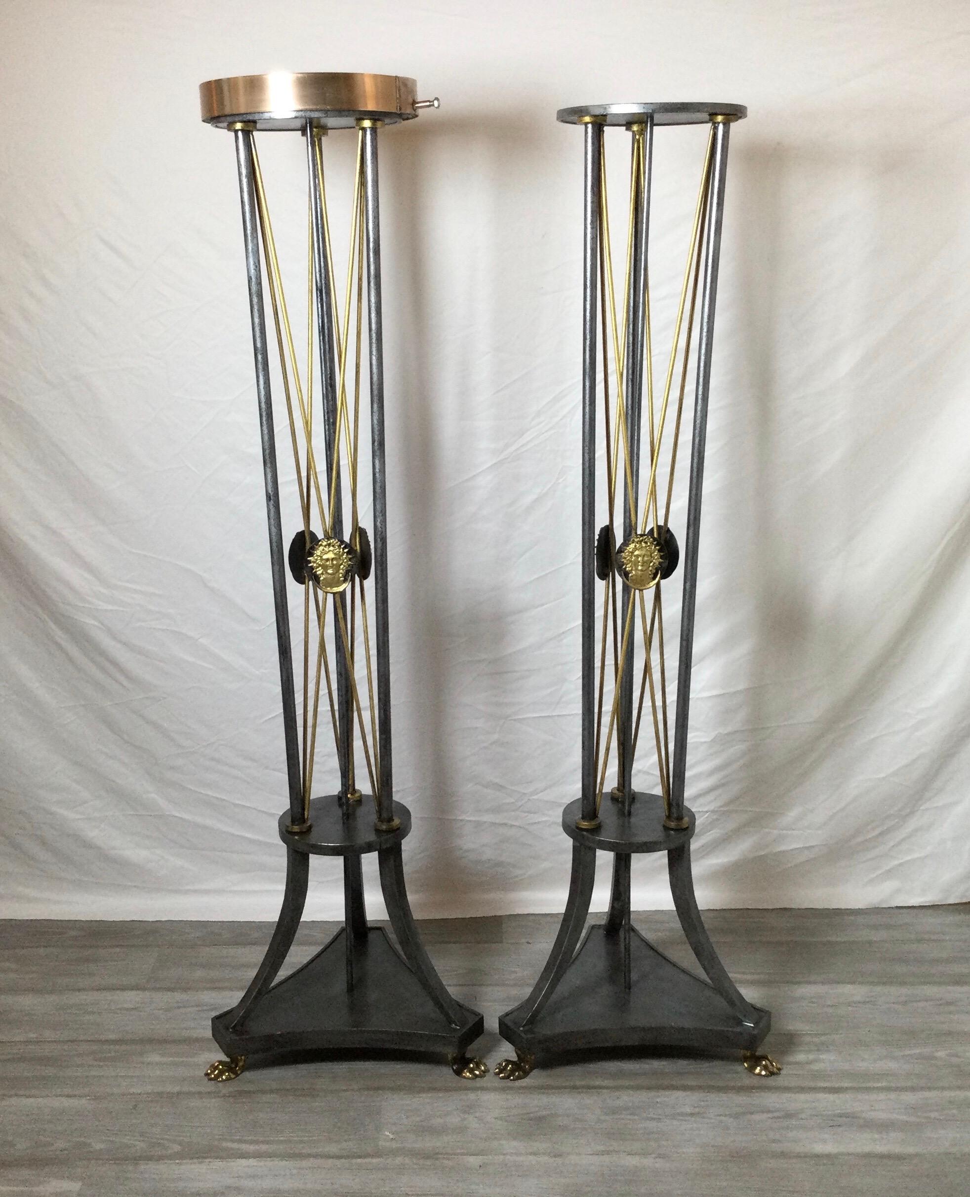 Brass Pair of Directoire' Style Tall Pedestal Stands For Sale