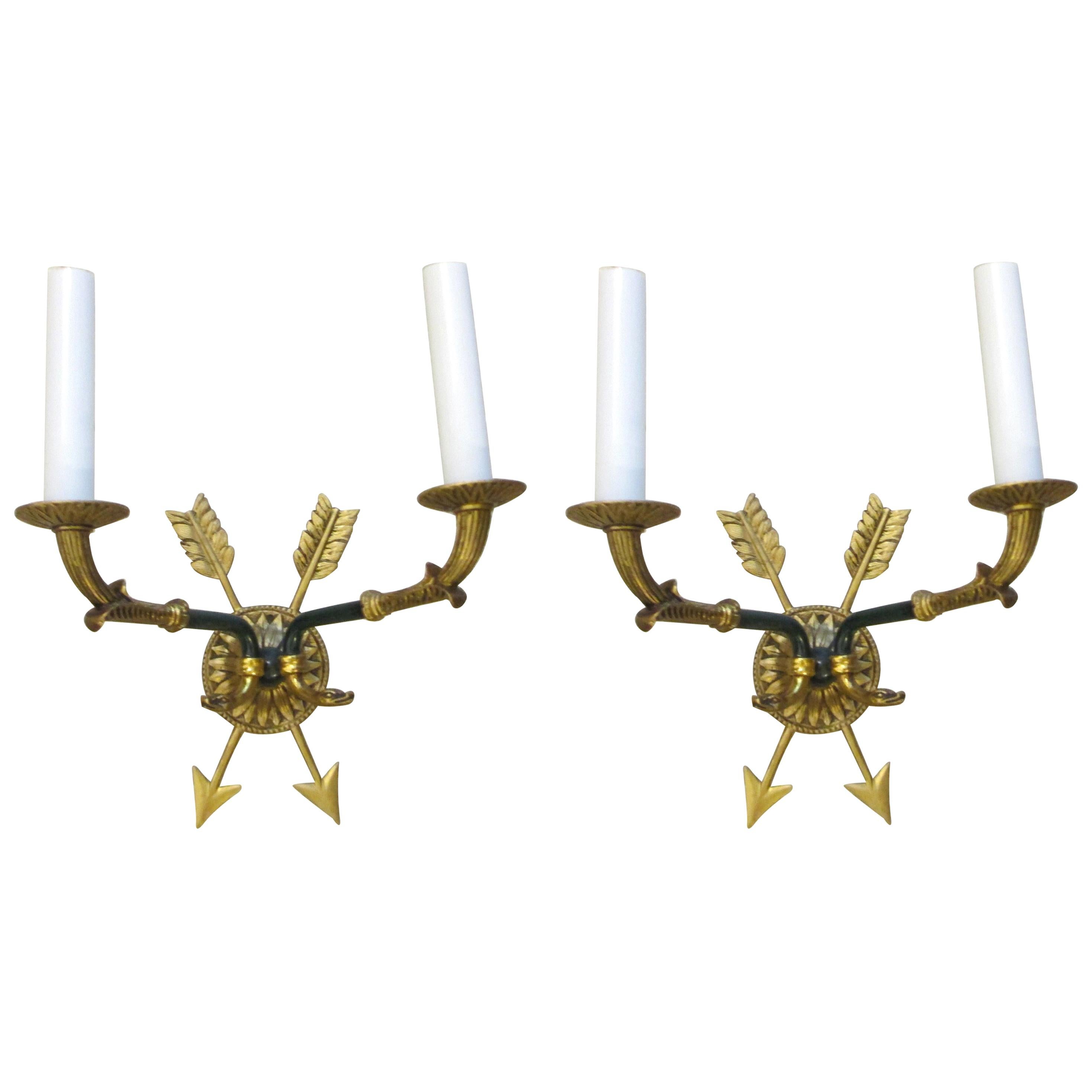 Pair of Directoire-Style Two-Arm Bronze Sconces For Sale