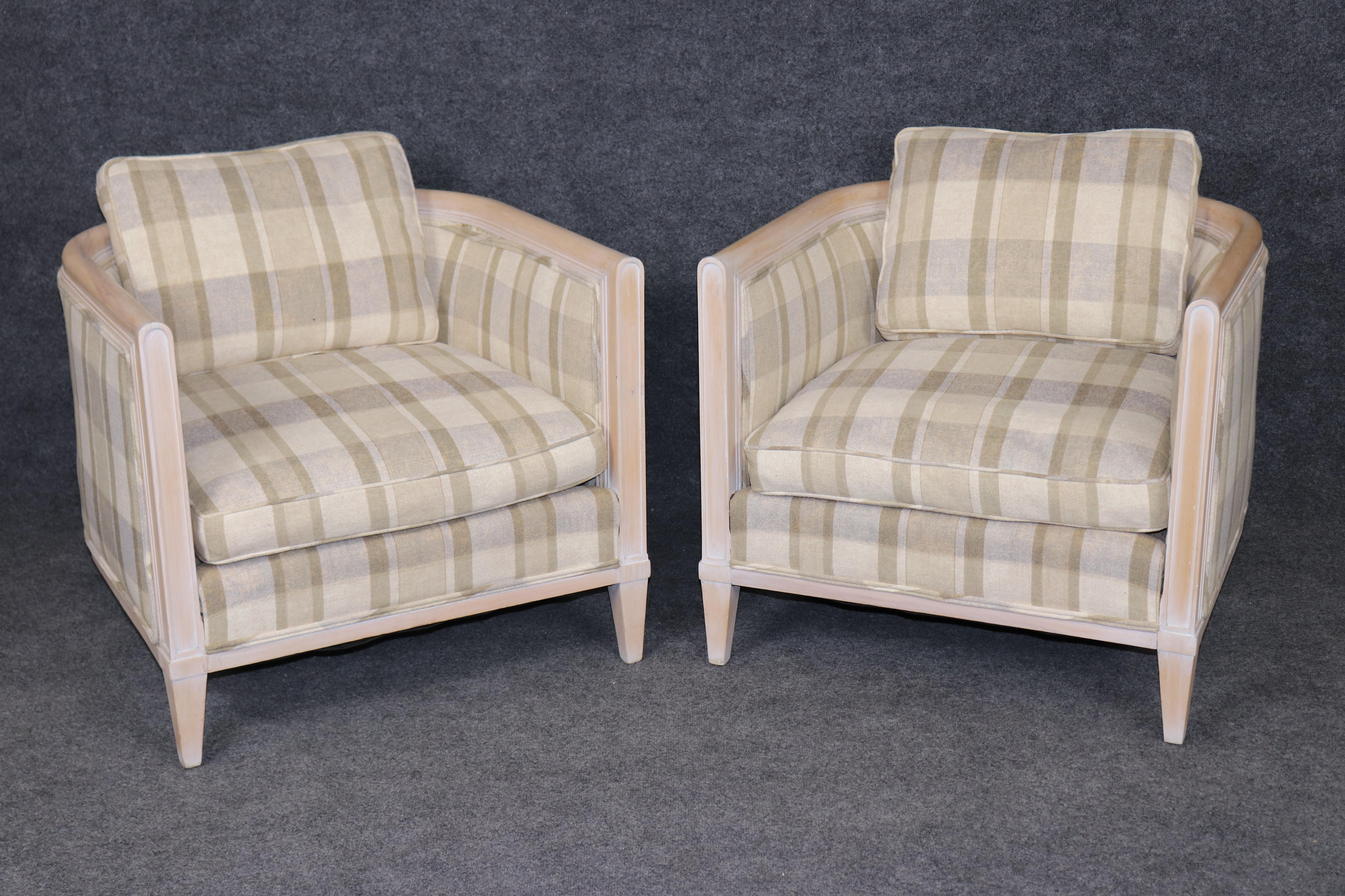 Dimensions - H: 24 3/4 in W: 28 1/4 in D: 29 1/2 in SH: 16 3/4 in

Infuse your space with sophisticated charm and timeless appeal with this pair of Directoire style club chairs, featuring a beautifully whitewashed wood finish and classic plaid
