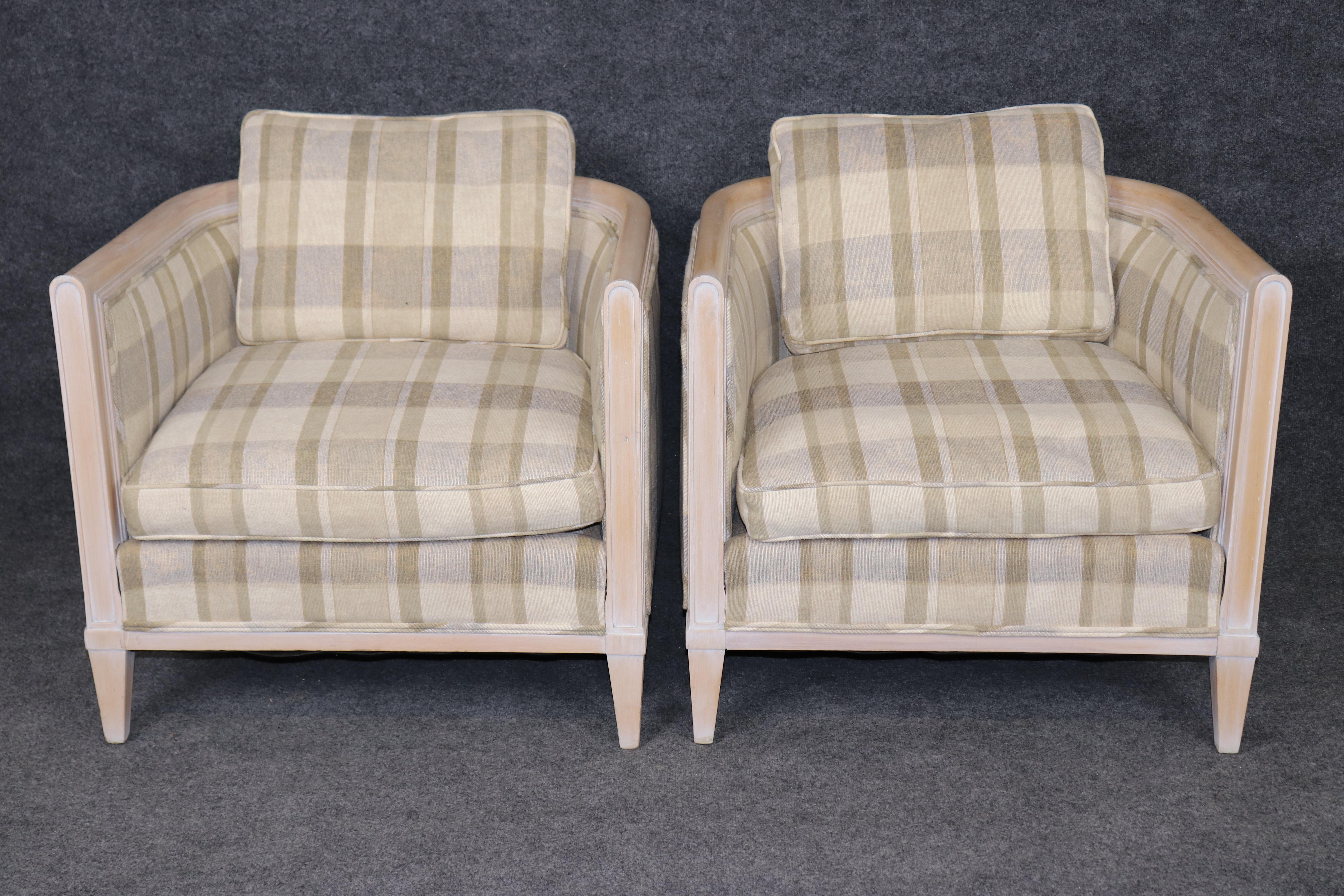 Unknown Pair of Directoire Style White Washed and Plaid Upholstered Club Chairs For Sale