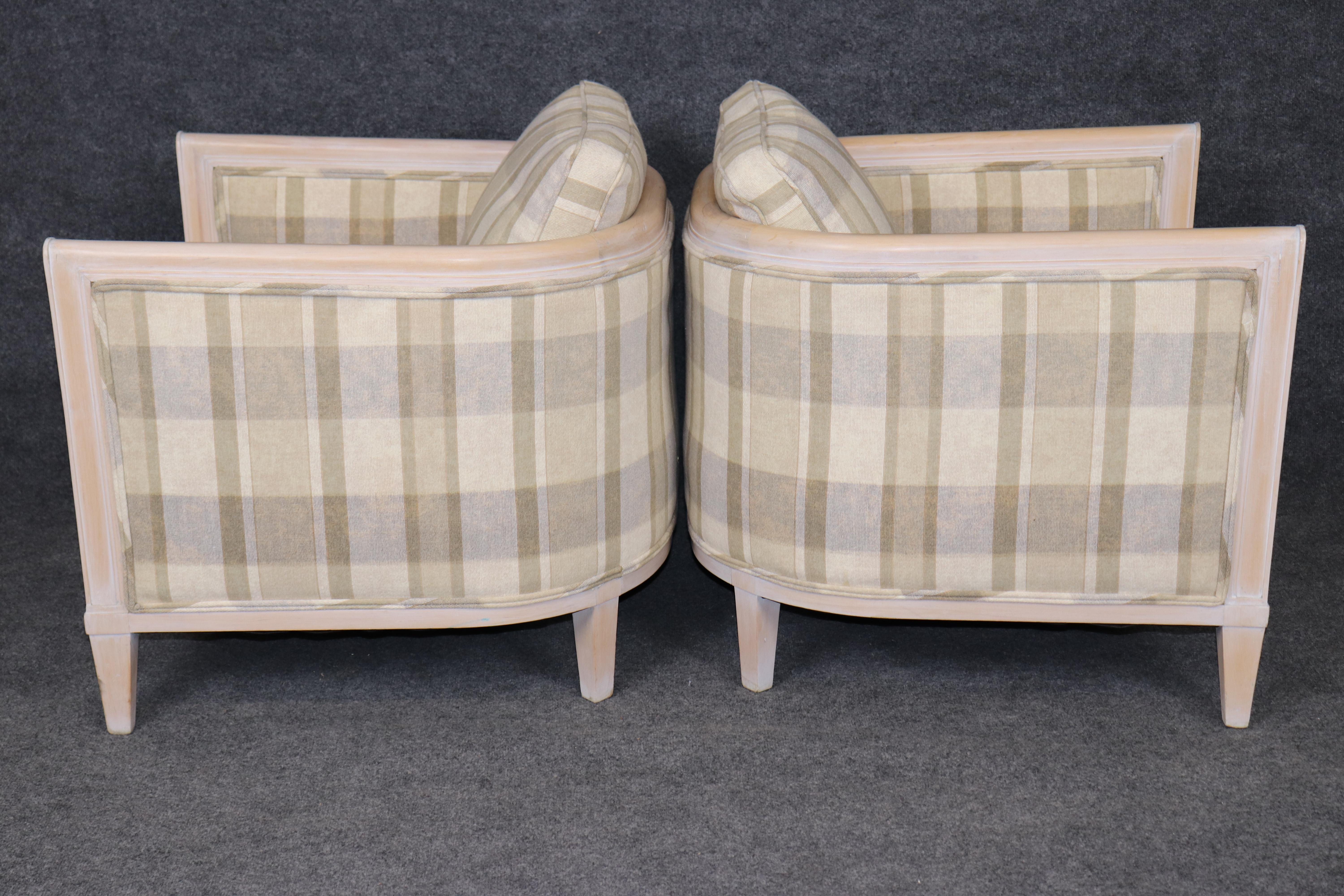 Carved Pair of Directoire Style White Washed and Plaid Upholstered Club Chairs For Sale