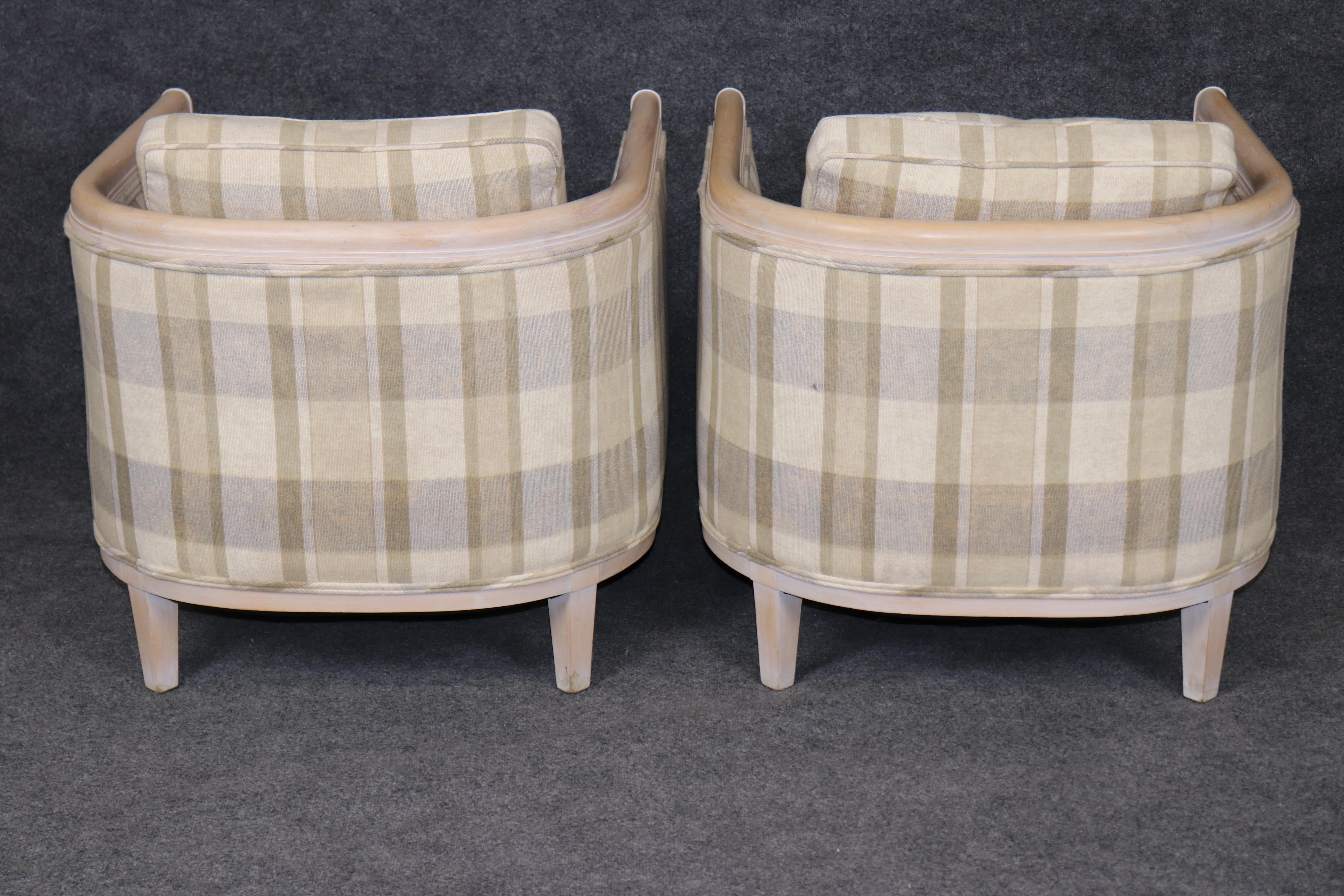 Pair of Directoire Style White Washed and Plaid Upholstered Club Chairs In Good Condition For Sale In Swedesboro, NJ