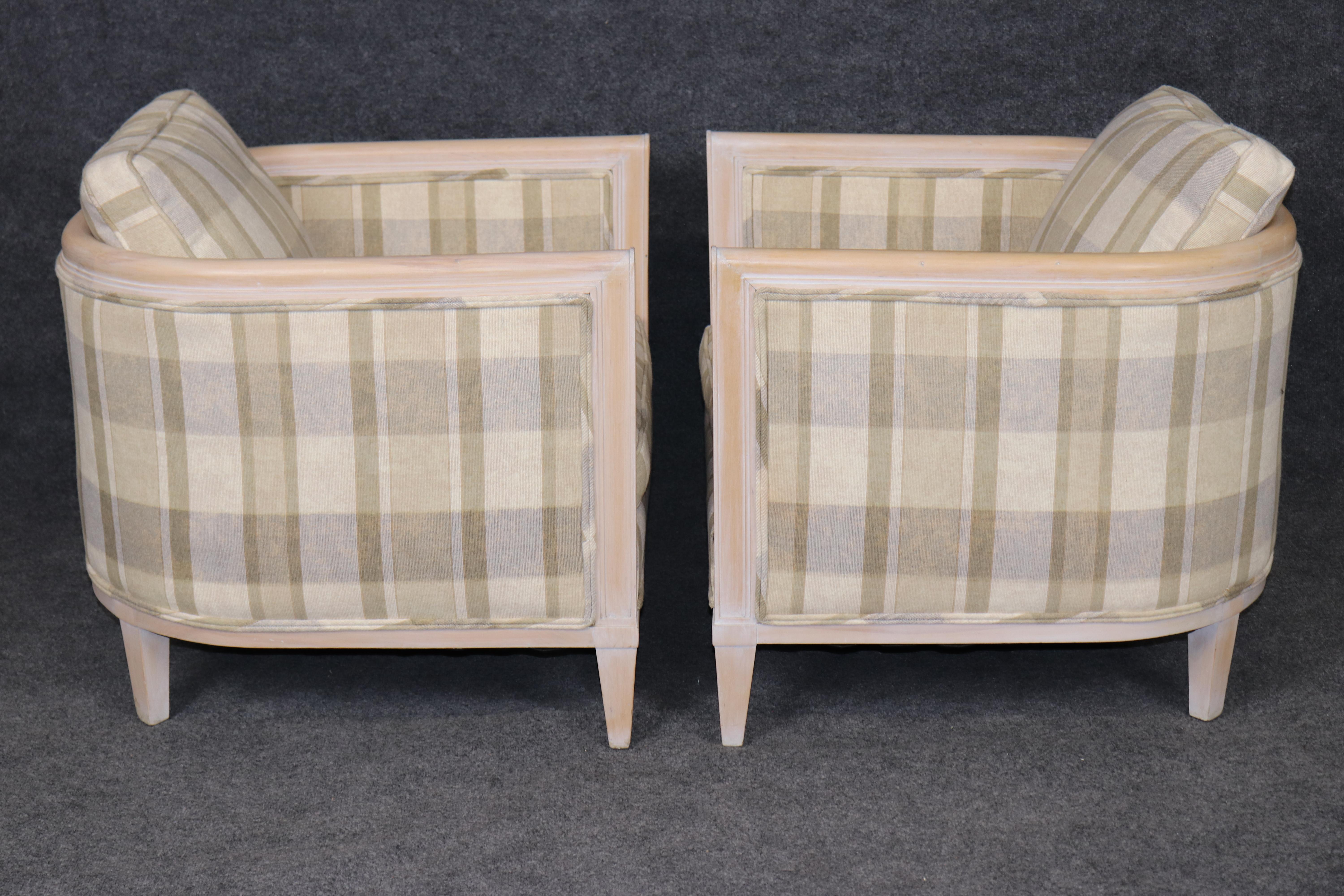 20th Century Pair of Directoire Style White Washed and Plaid Upholstered Club Chairs For Sale