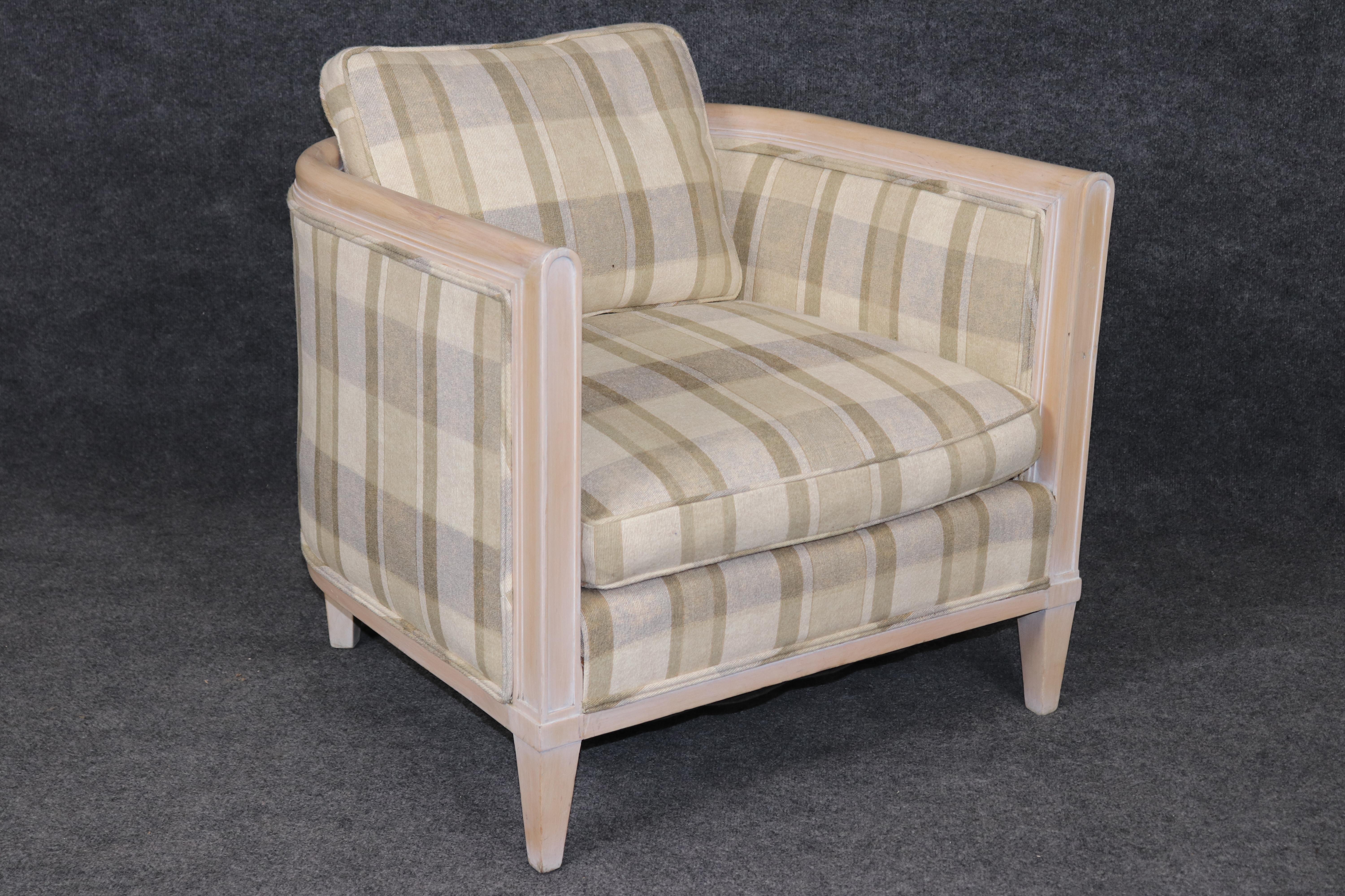 Upholstery Pair of Directoire Style White Washed and Plaid Upholstered Club Chairs For Sale