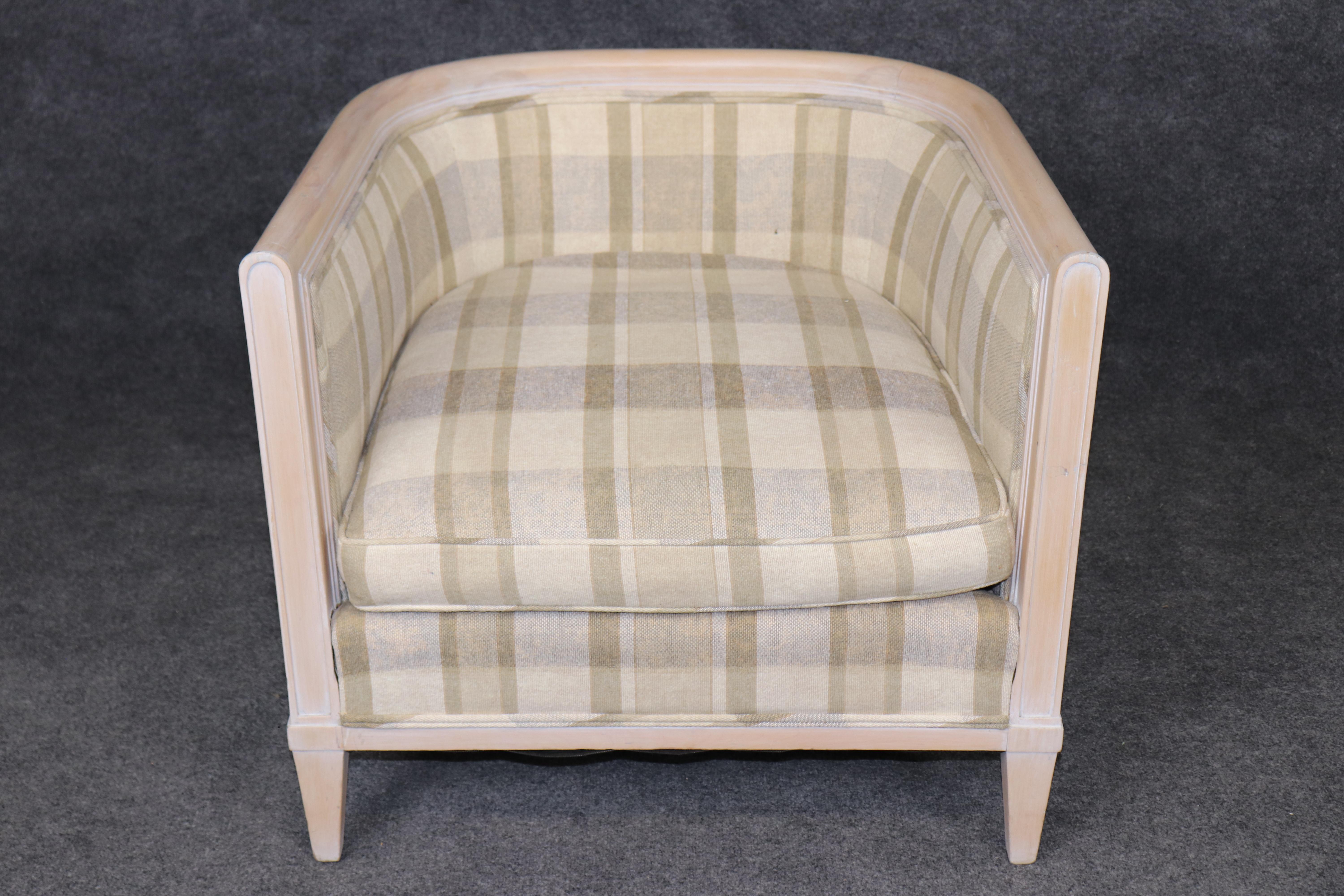 Pair of Directoire Style White Washed and Plaid Upholstered Club Chairs For Sale 1