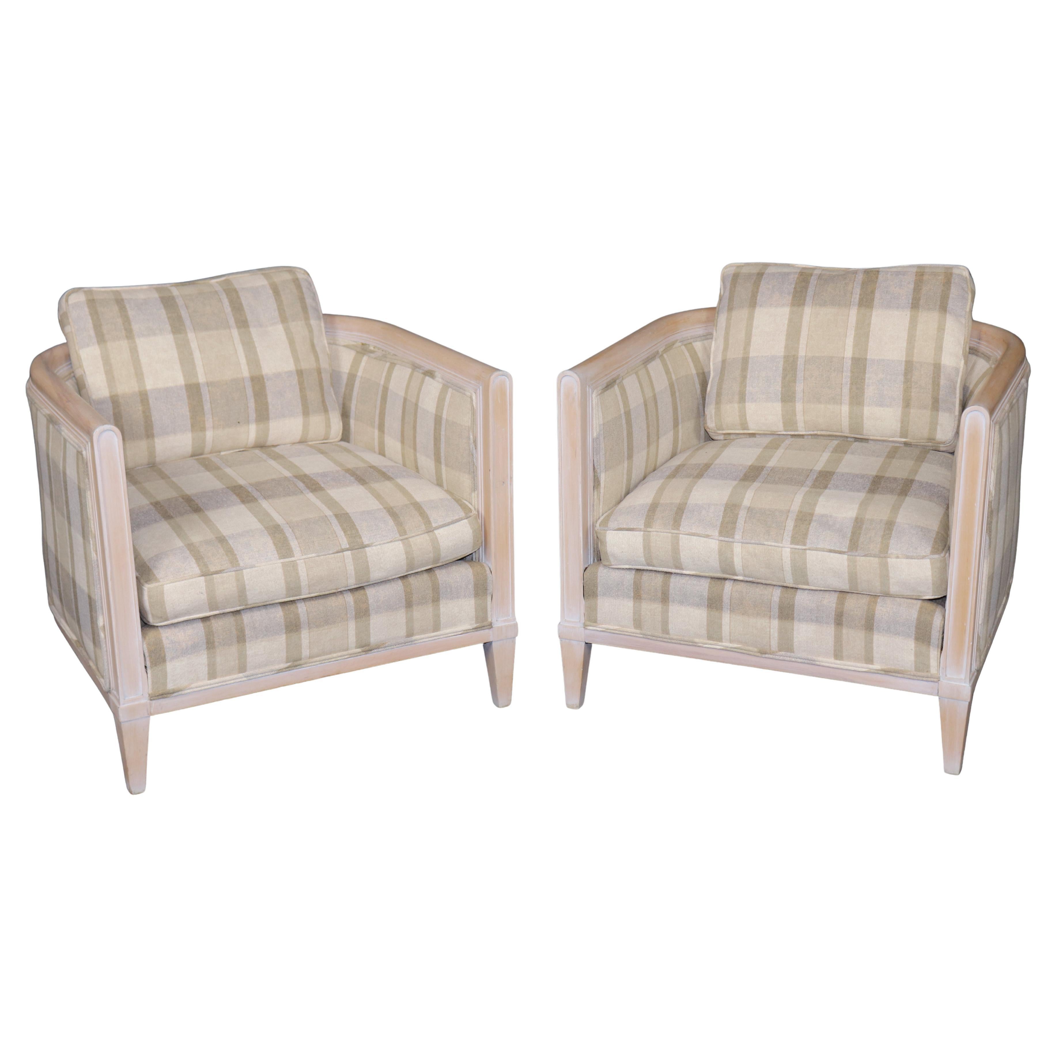 Pair of Directoire Style White Washed and Plaid Upholstered Club Chairs For Sale