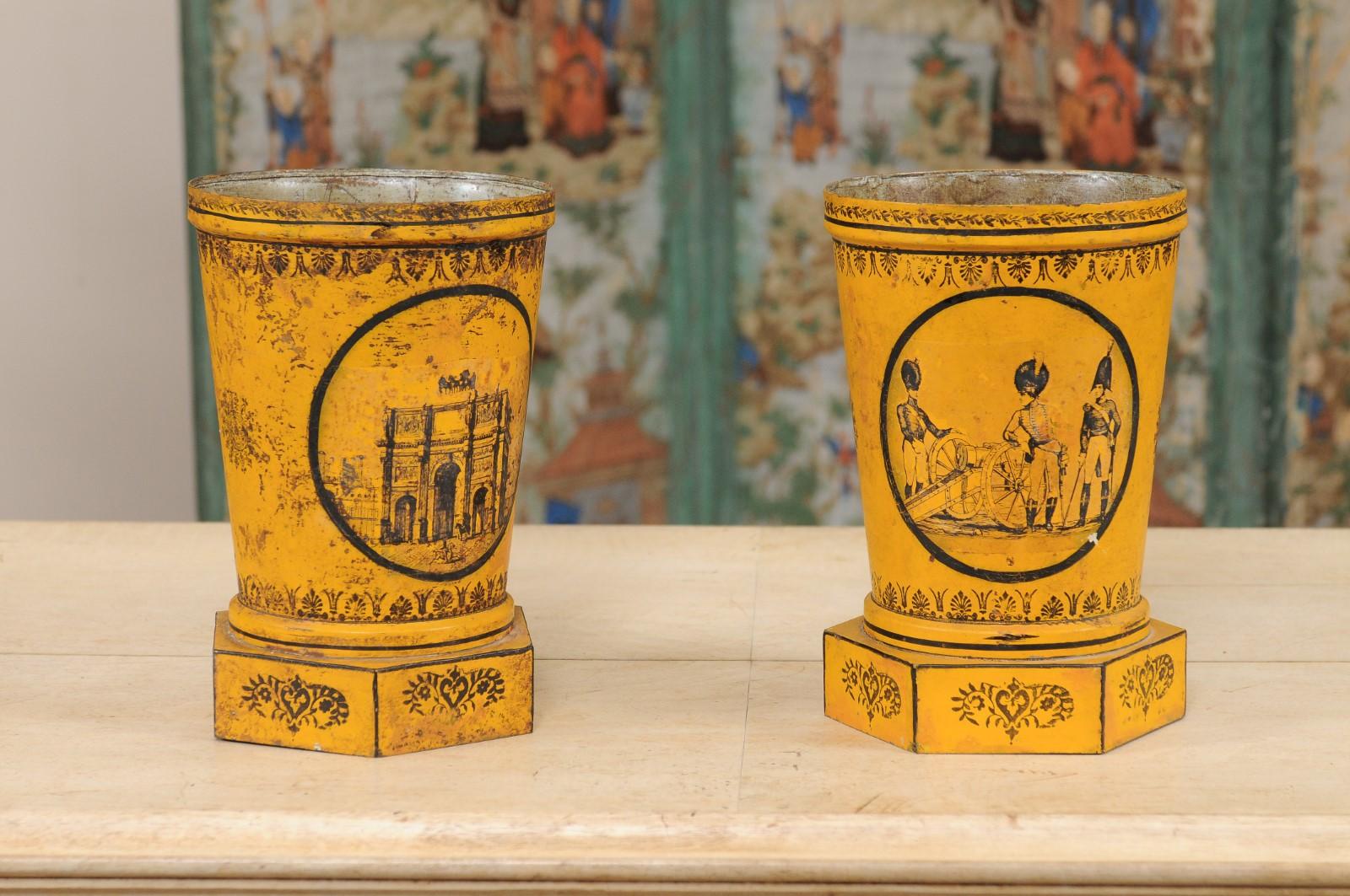 French Pair of Directoire Yellow Painted Tole Cachepots, France ca. 1800 For Sale