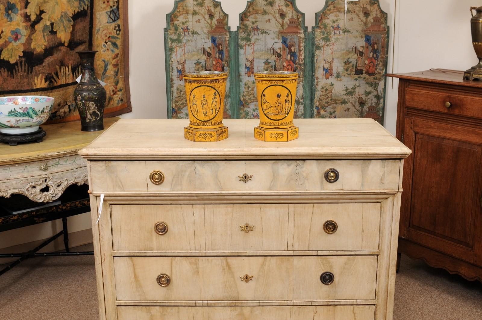19th Century Pair of Directoire Yellow Painted Tole Cachepots, France ca. 1800 For Sale