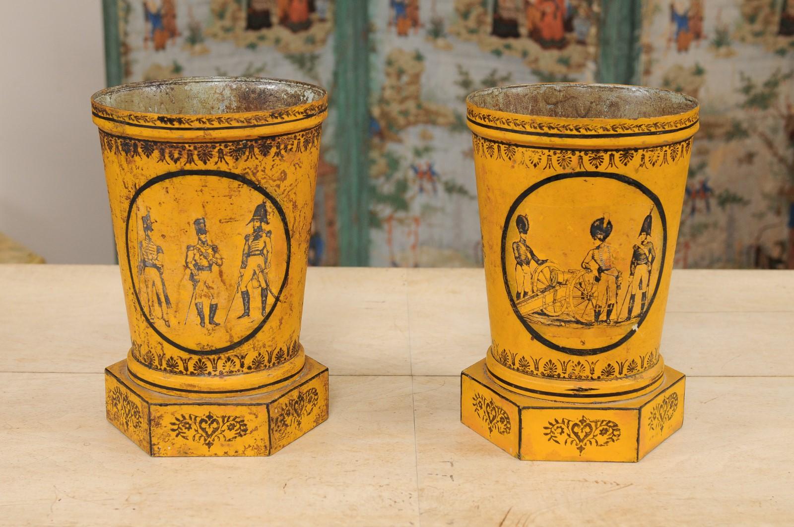 Metal Pair of Directoire Yellow Painted Tole Cachepots, France ca. 1800 For Sale