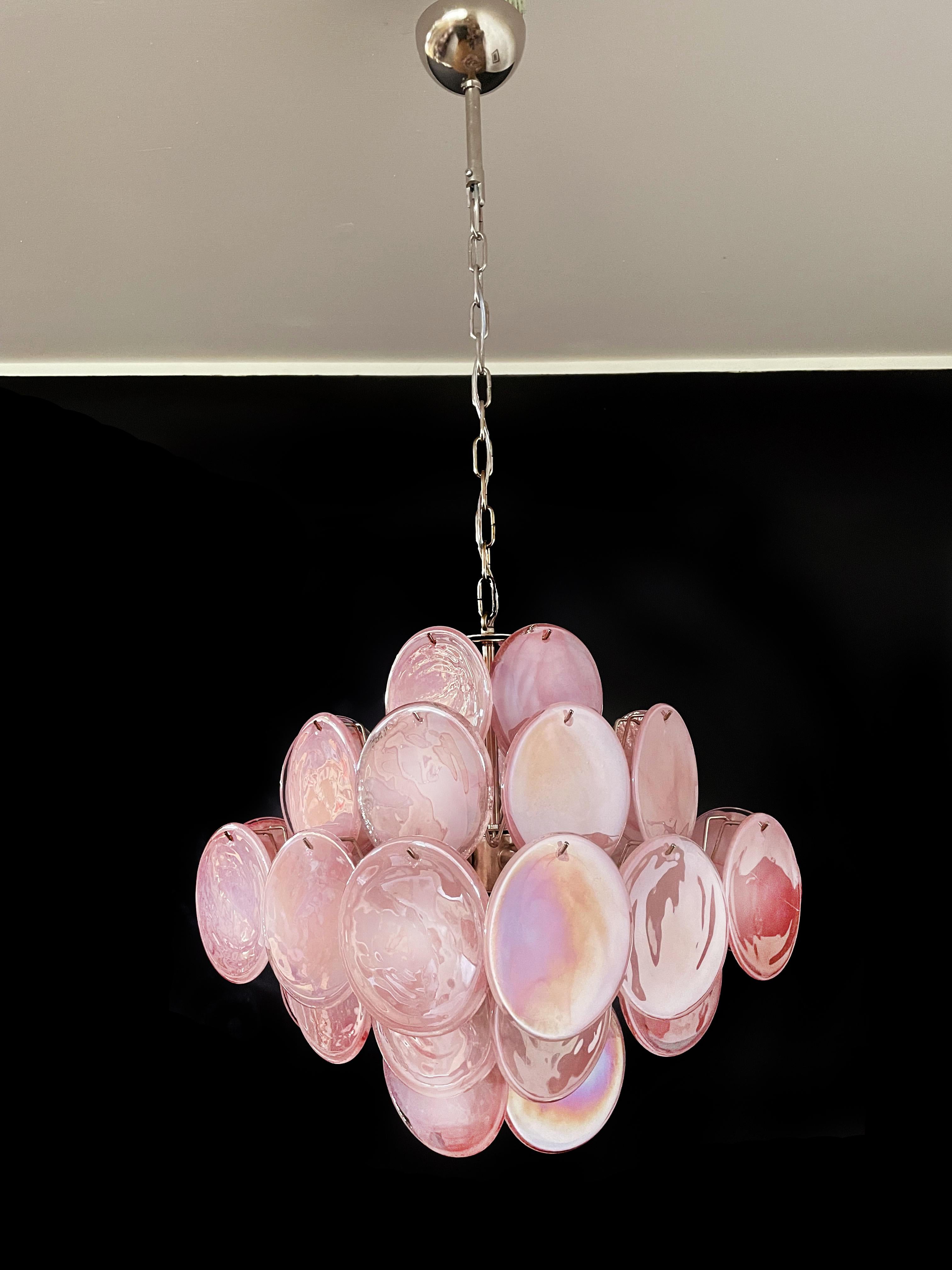 Pair of Disc Pink Murano Glass Chandeliers by Vistosi Style For Sale 10