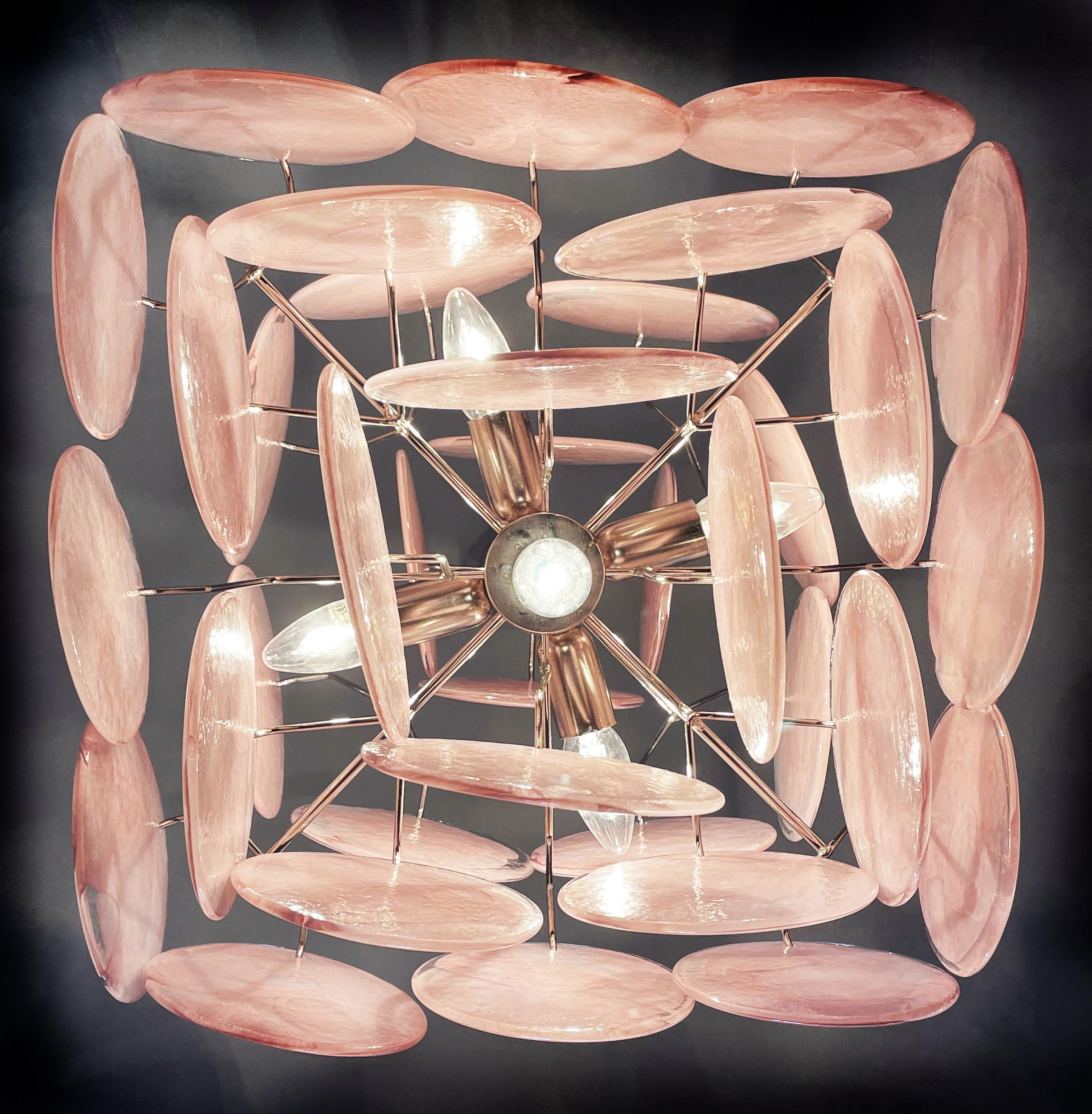 Métal Paire de lustres en verre de Murano rose à disques de style Vistosi en vente