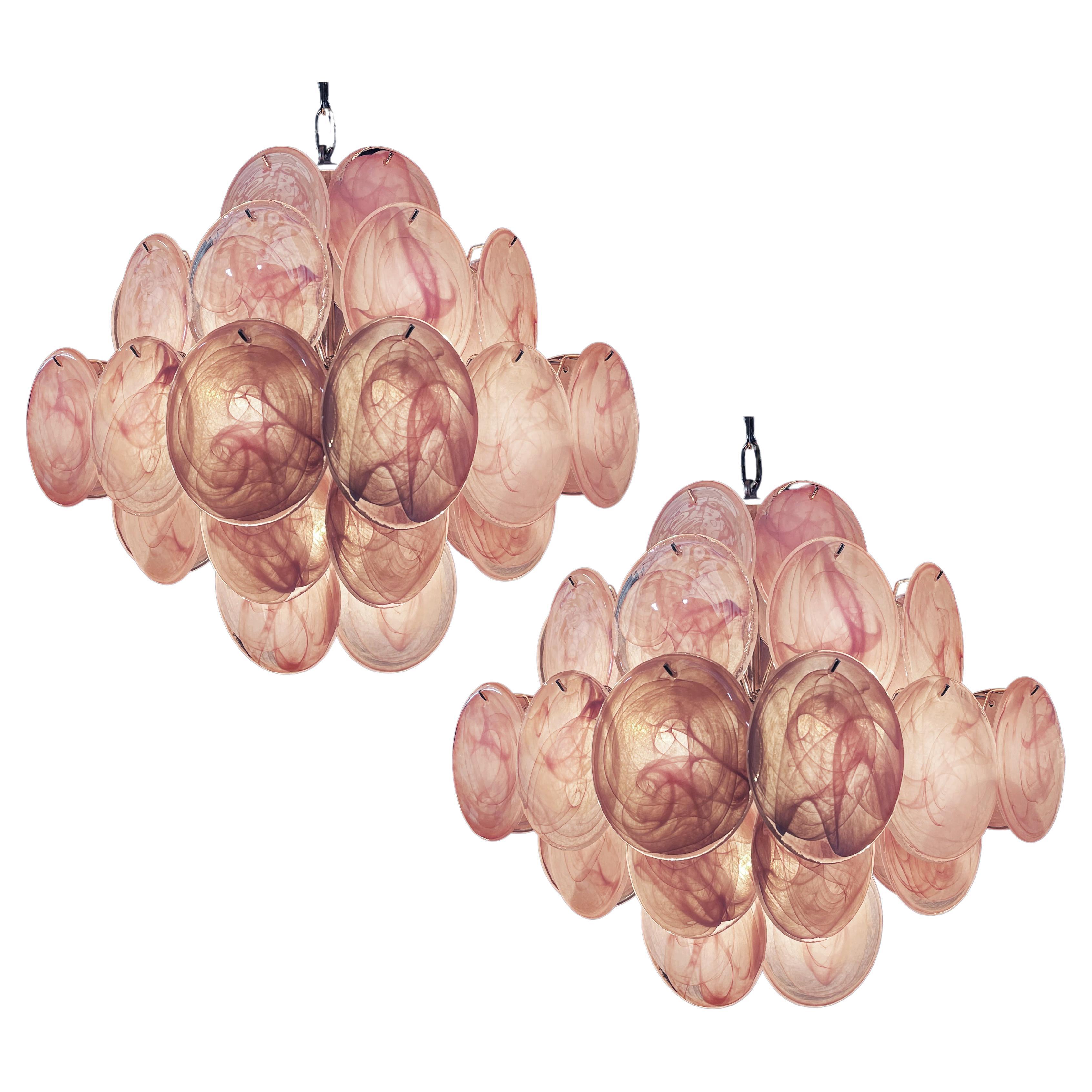 Pair of Disc Pink Murano Glass Chandeliers by Vistosi Style For Sale