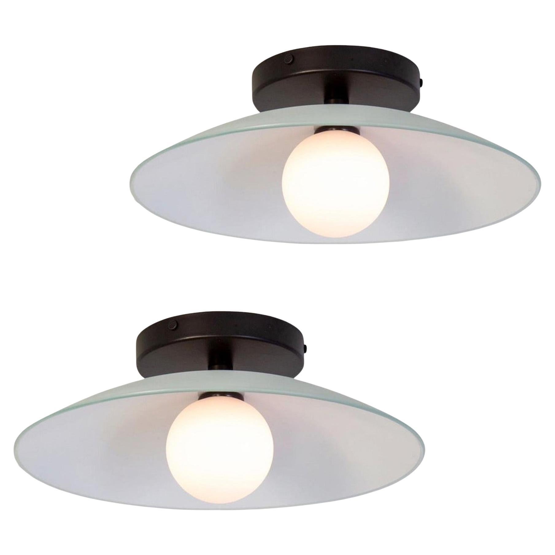 Pair of Dish Flush Mounts, by Research.Lighting, Black, 3in Glass, Made to Order For Sale