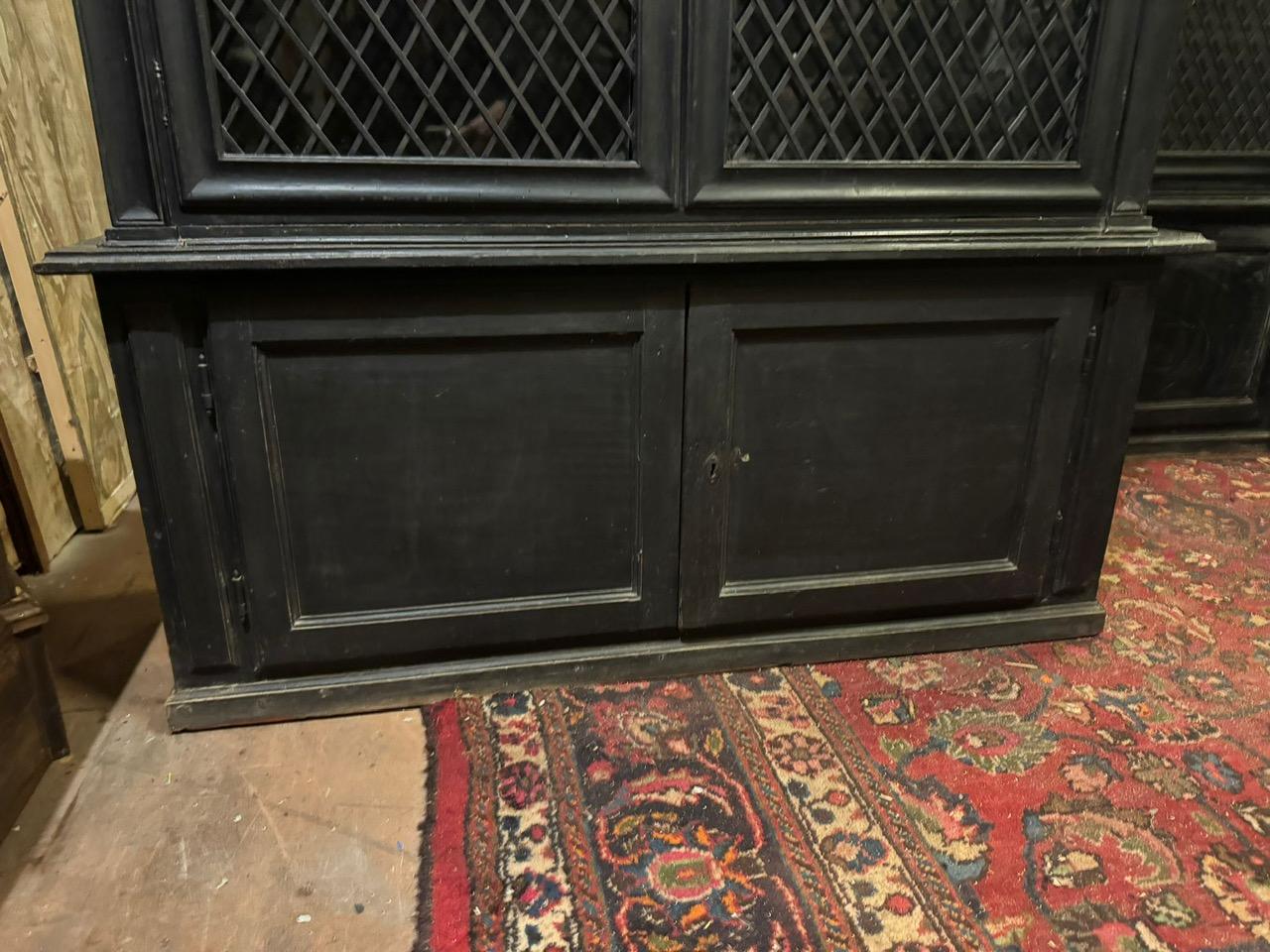 19th Century Pair of display cabinets in black lacquered wood with mesh glass, Italy For Sale