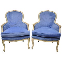 Antique Pair of Distress Painted French Louis XV Style Blue Bergere Armchairs