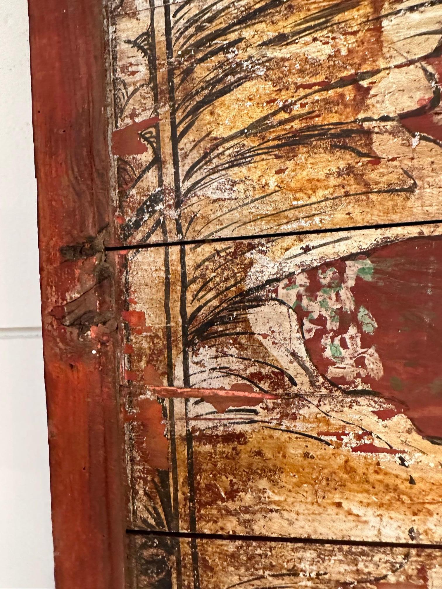 Bois Paire de panneaux de bois chinois anciens en mauvais état peints à la main en vente