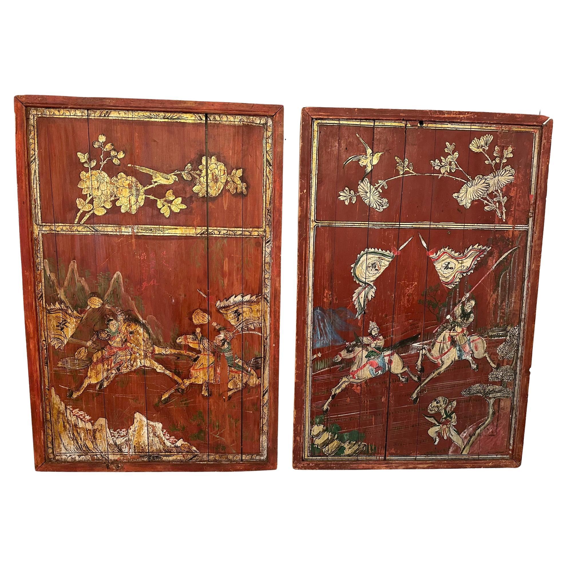 Pair of Distressed Antique Chinese Hand Painted Wooden Panels For Sale