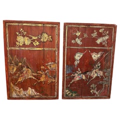 Pair of Distressed Antique Chinese Hand Painted Wooden Panels